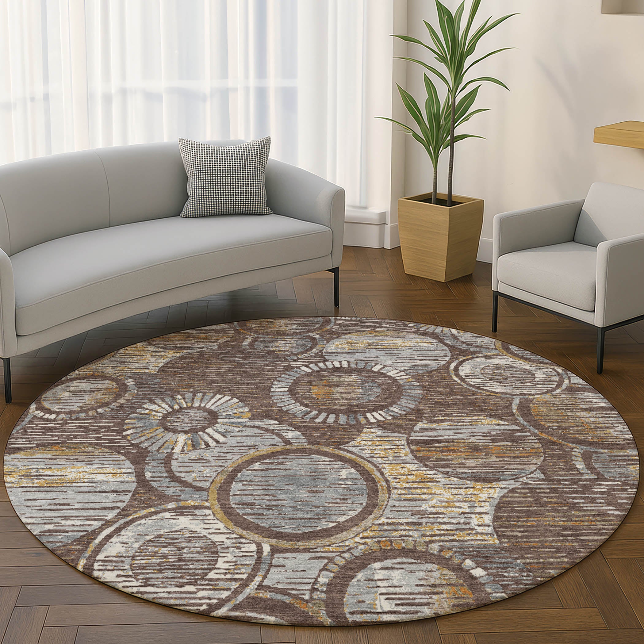 Vienna Machine Washable Transitional Fudge Brown Rug 8' x 8' #shape_Round