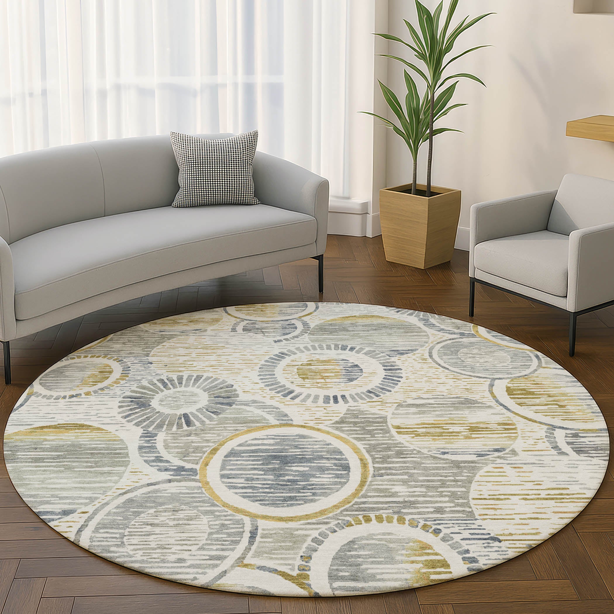 Vienna Machine Washable Transitional Ivory Rug 8' x 8' #shape_Round