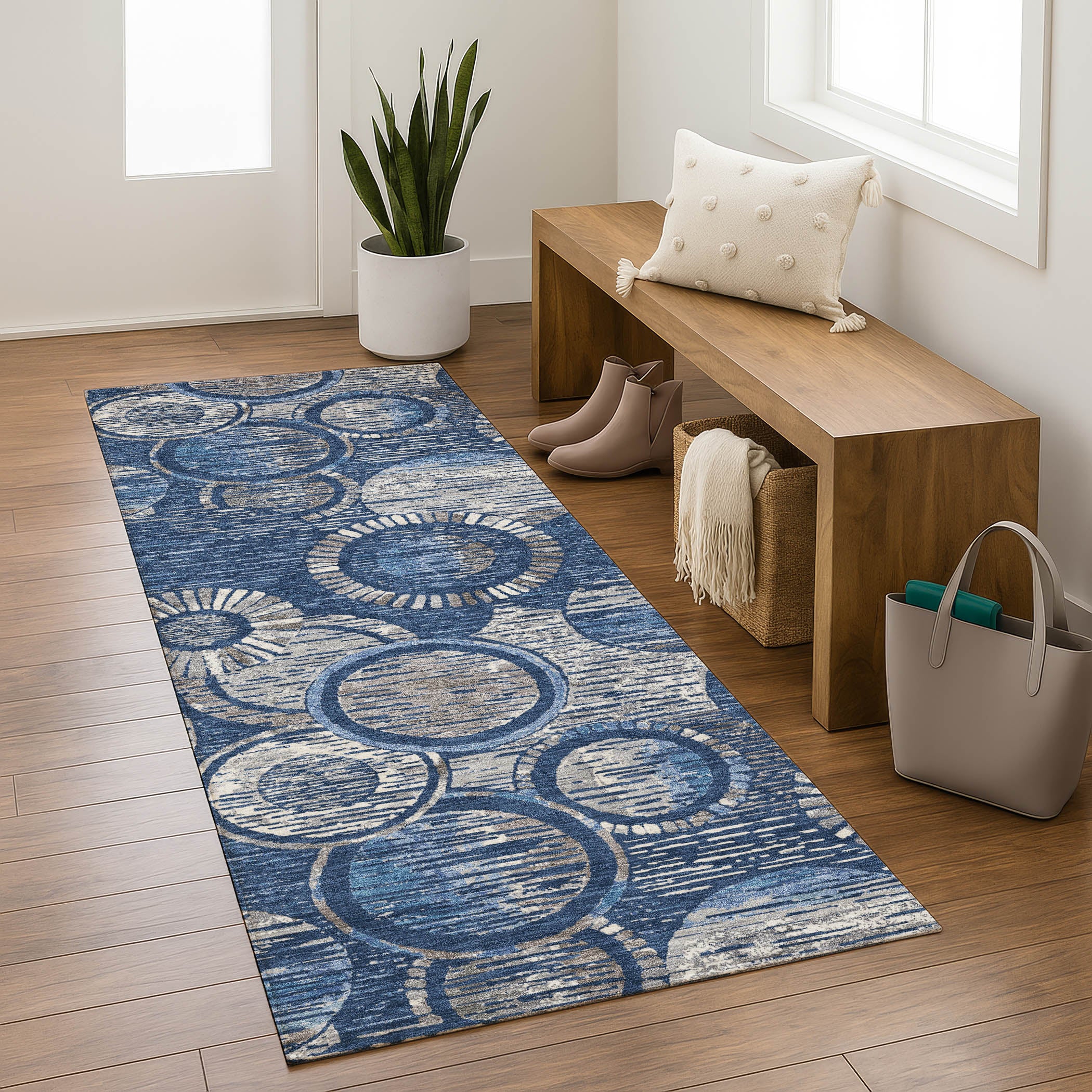 Vienna Machine Washable Transitional Navy Blue Rug 2'3" x 7'6" #shape_Runner