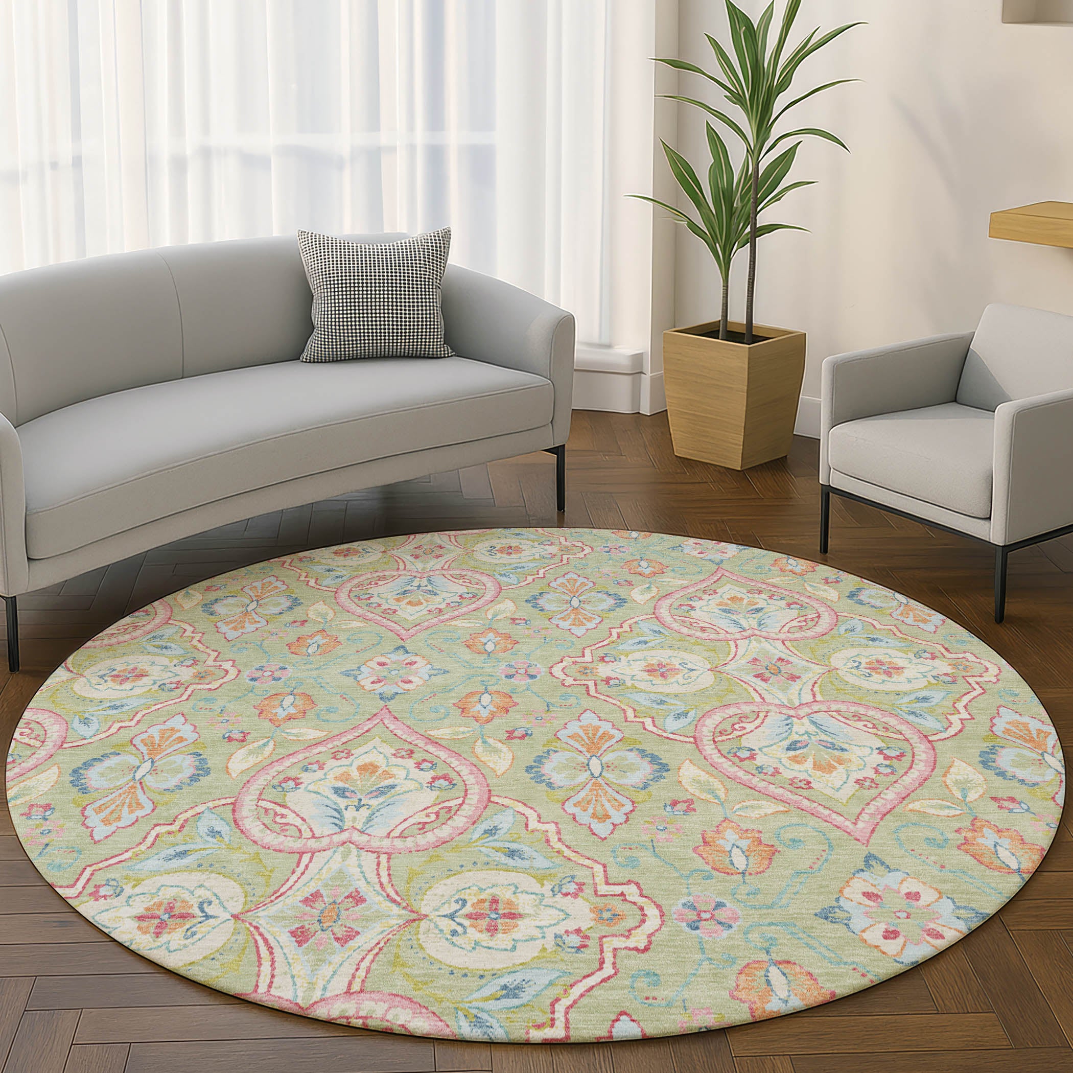 Sintra Machine Washable Transitional Aloe Green Rug 8' x 8' #shape_Round
