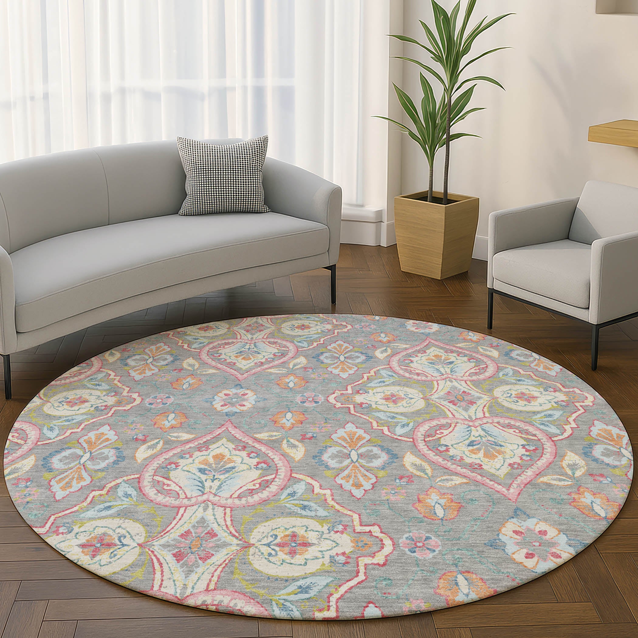 Sintra Machine Washable Transitional Gray Rug 8' x 8' #shape_Round
