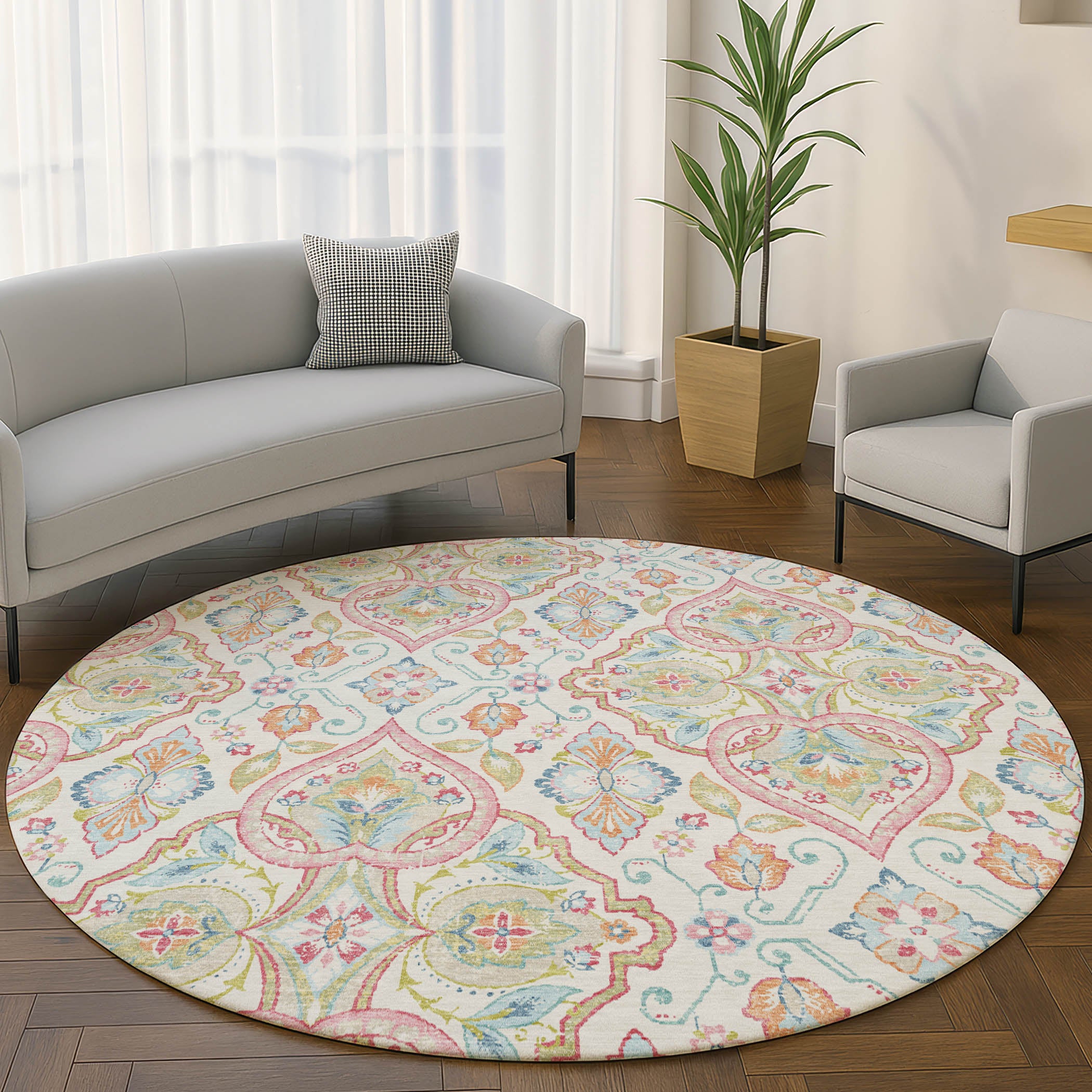 Sintra Machine Washable Transitional Ivory Rug 8' x 8' #shape_Round