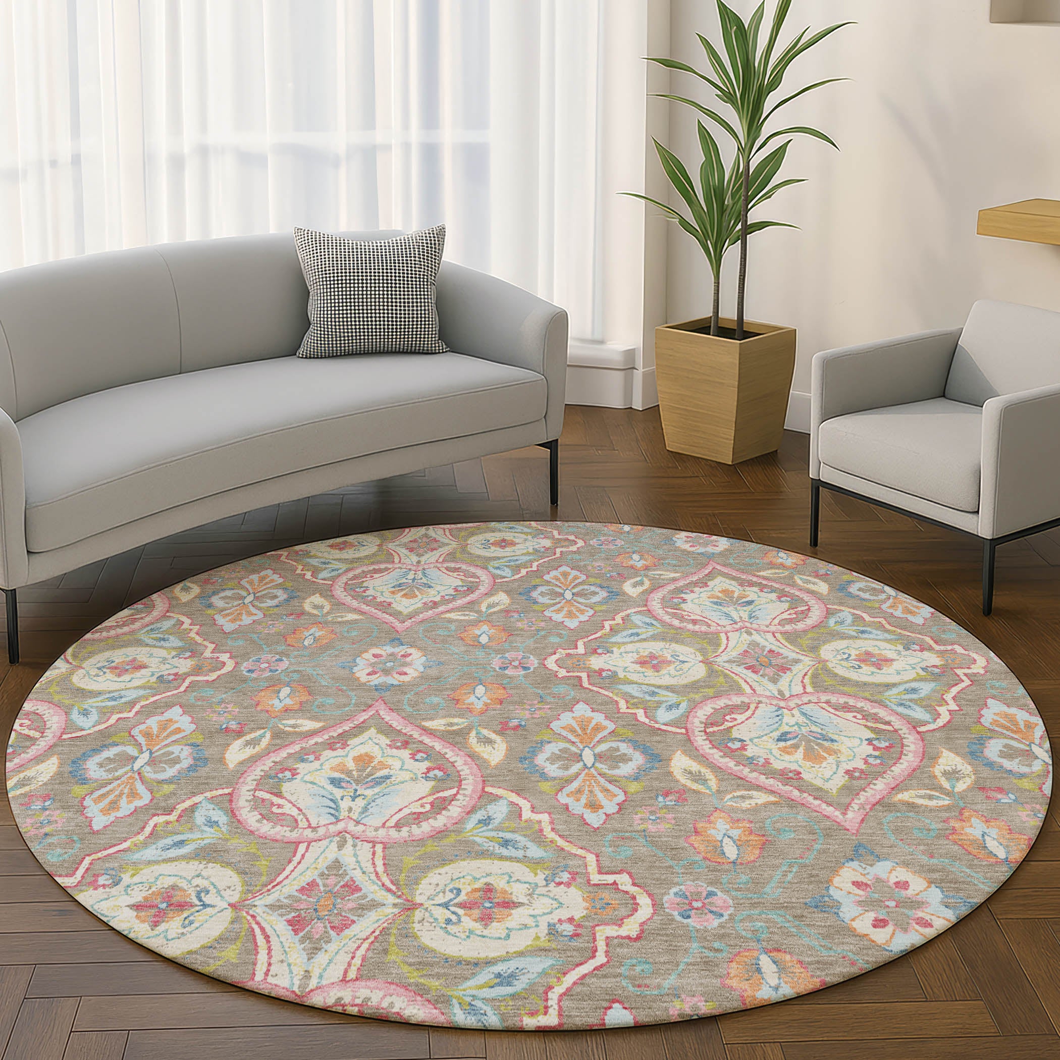 Sintra Machine Washable Transitional Taupe Brown Rug 8' x 8' #shape_Round