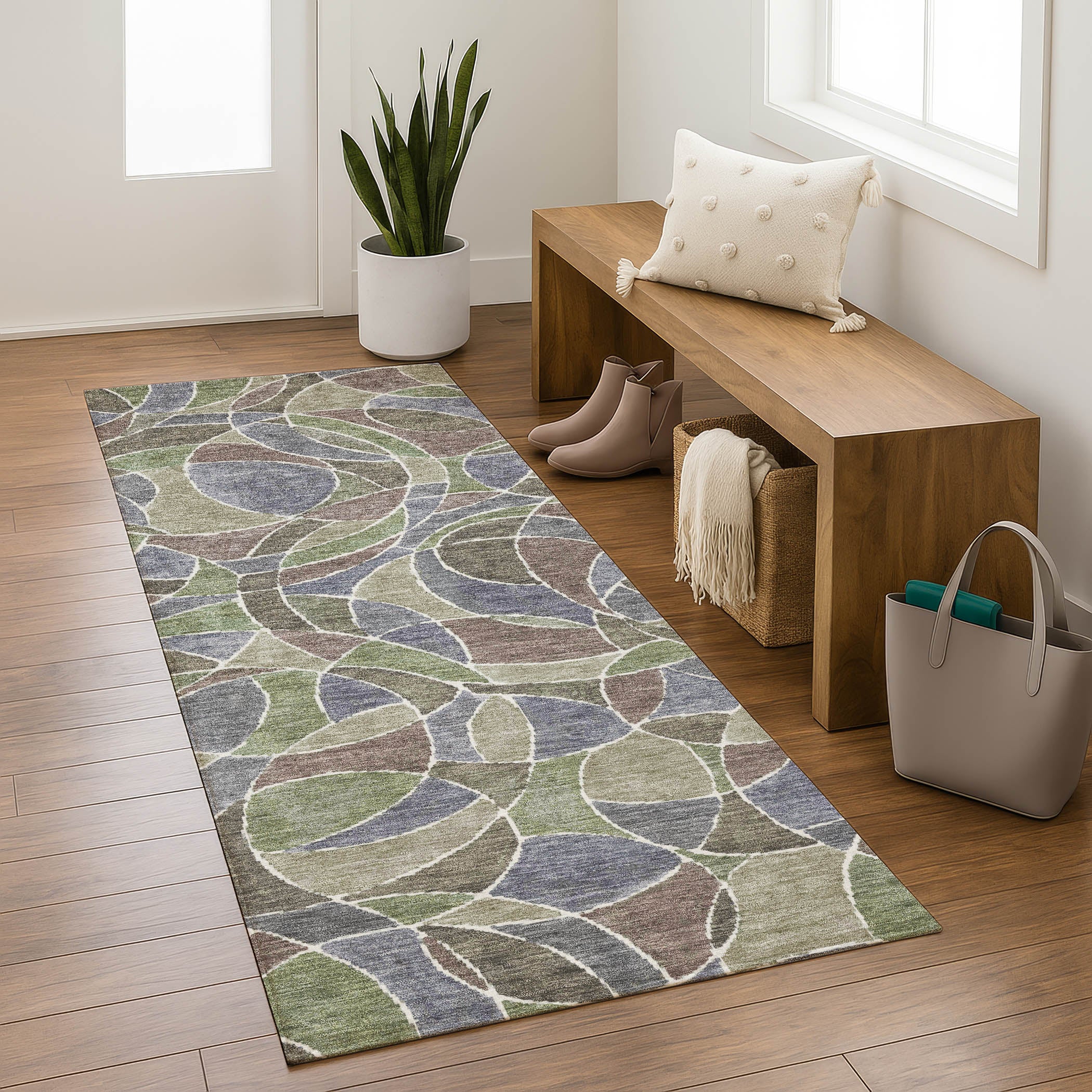 Split Machine Washable Transitional Green Rug 2'3" x 7'6" #shape_Runner