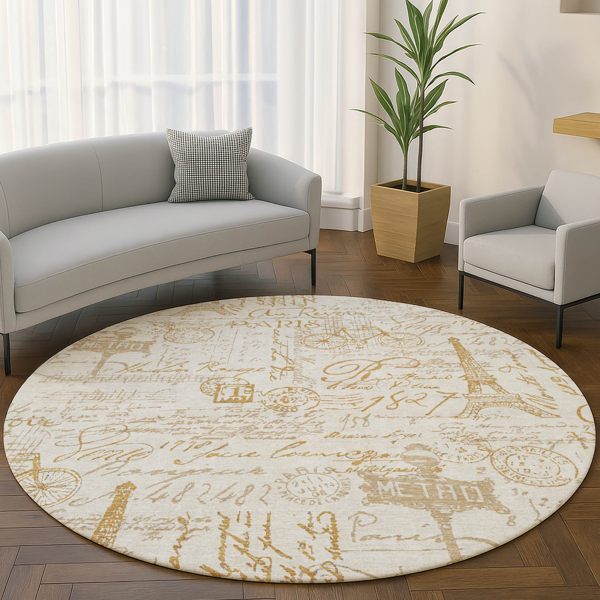 Seville Machine Washable Transitional Gold Rug 8' x 8' #shape_Round