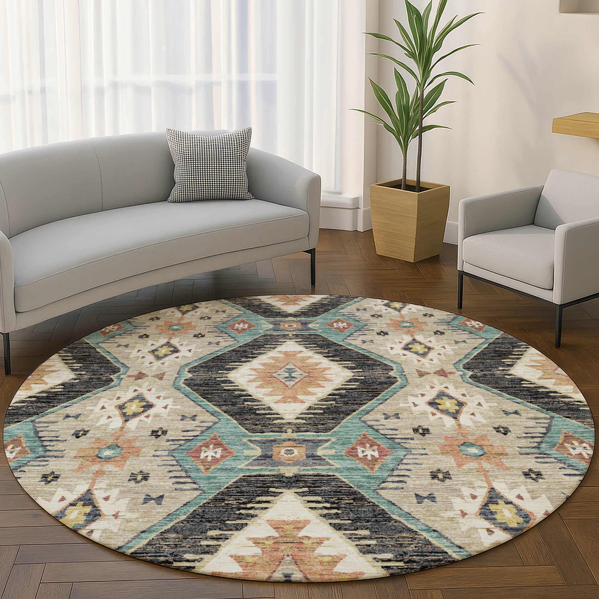 Oaxaca Machine Washable Transitional Black Rug 8' x 8' #shape_Round
