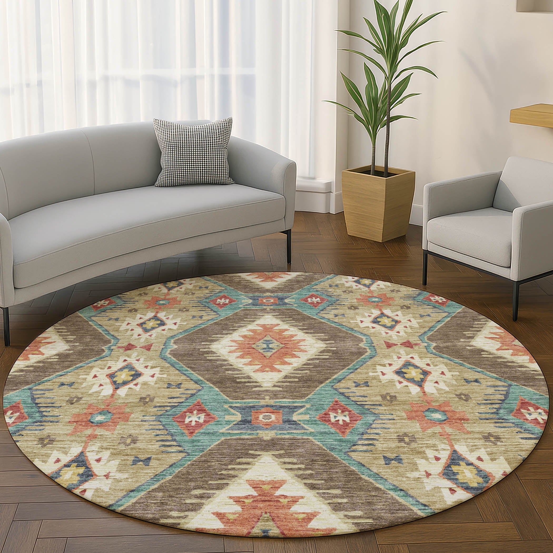 Oaxaca Machine Washable Transitional Khaki Brown Rug 8' x 8' #shape_Round