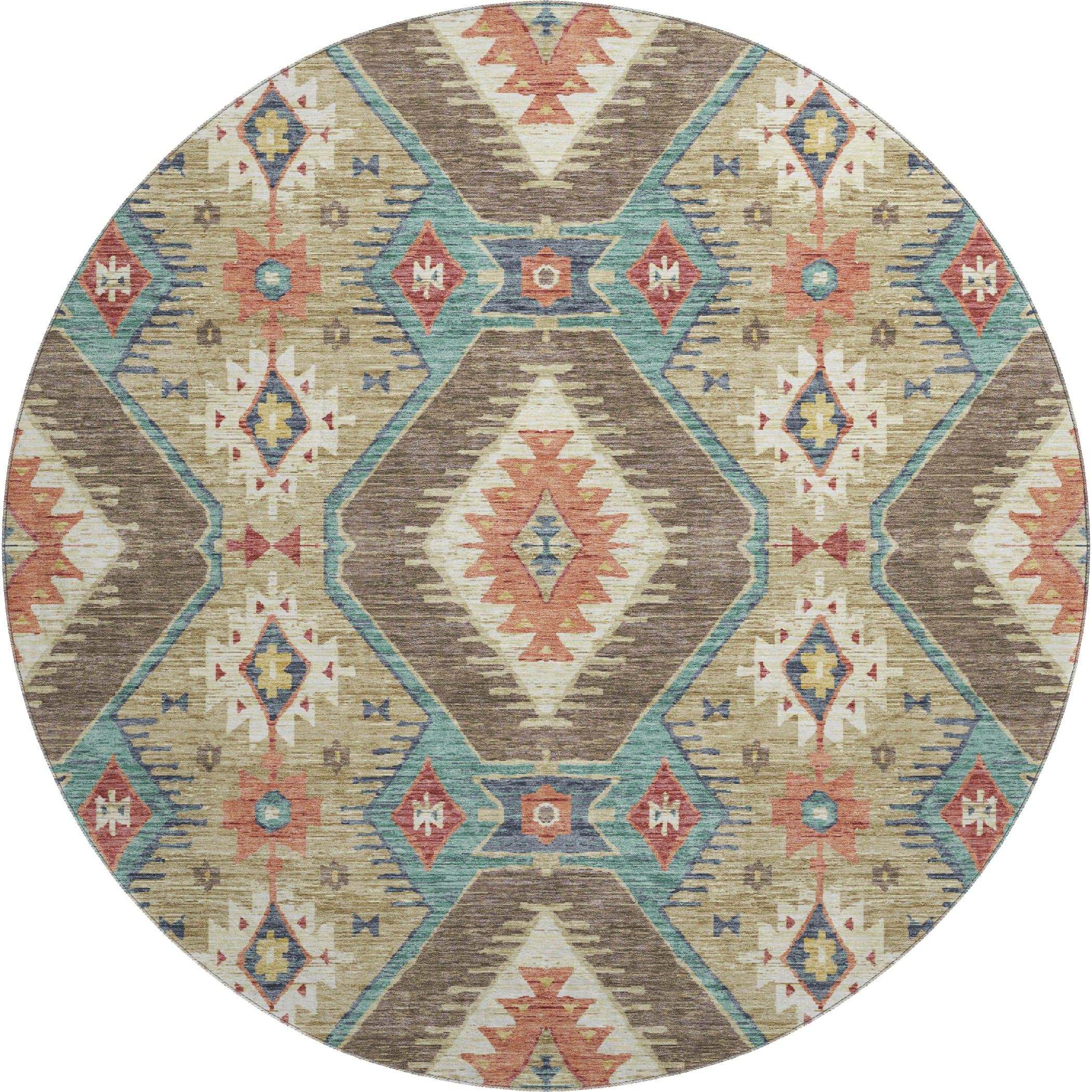Oaxaca Machine Washable Transitional Khaki Brown Rug 8' x 8' #shape_Round