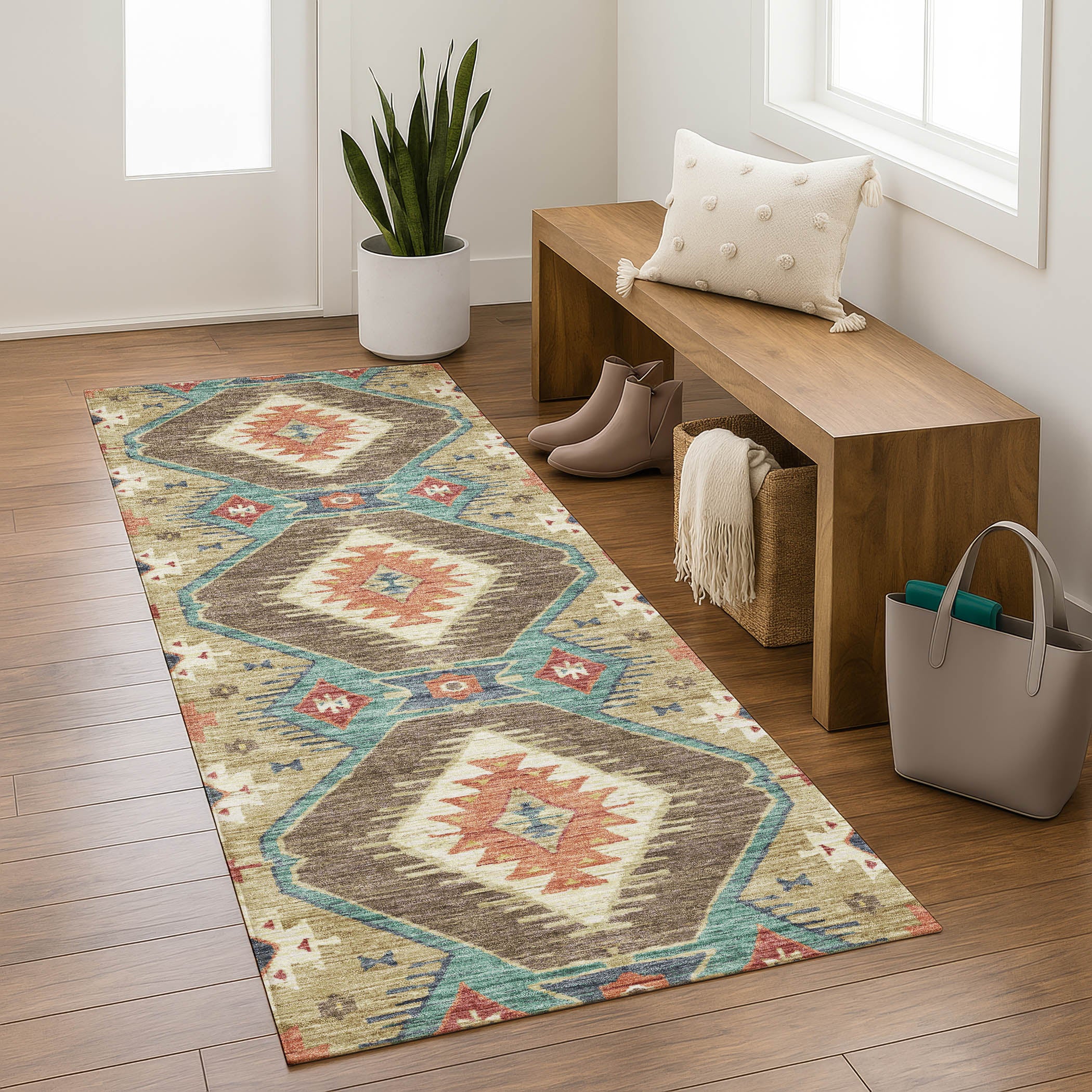 Oaxaca Machine Washable Transitional Khaki Brown Rug 2'3" x 7'6" #shape_Runner
