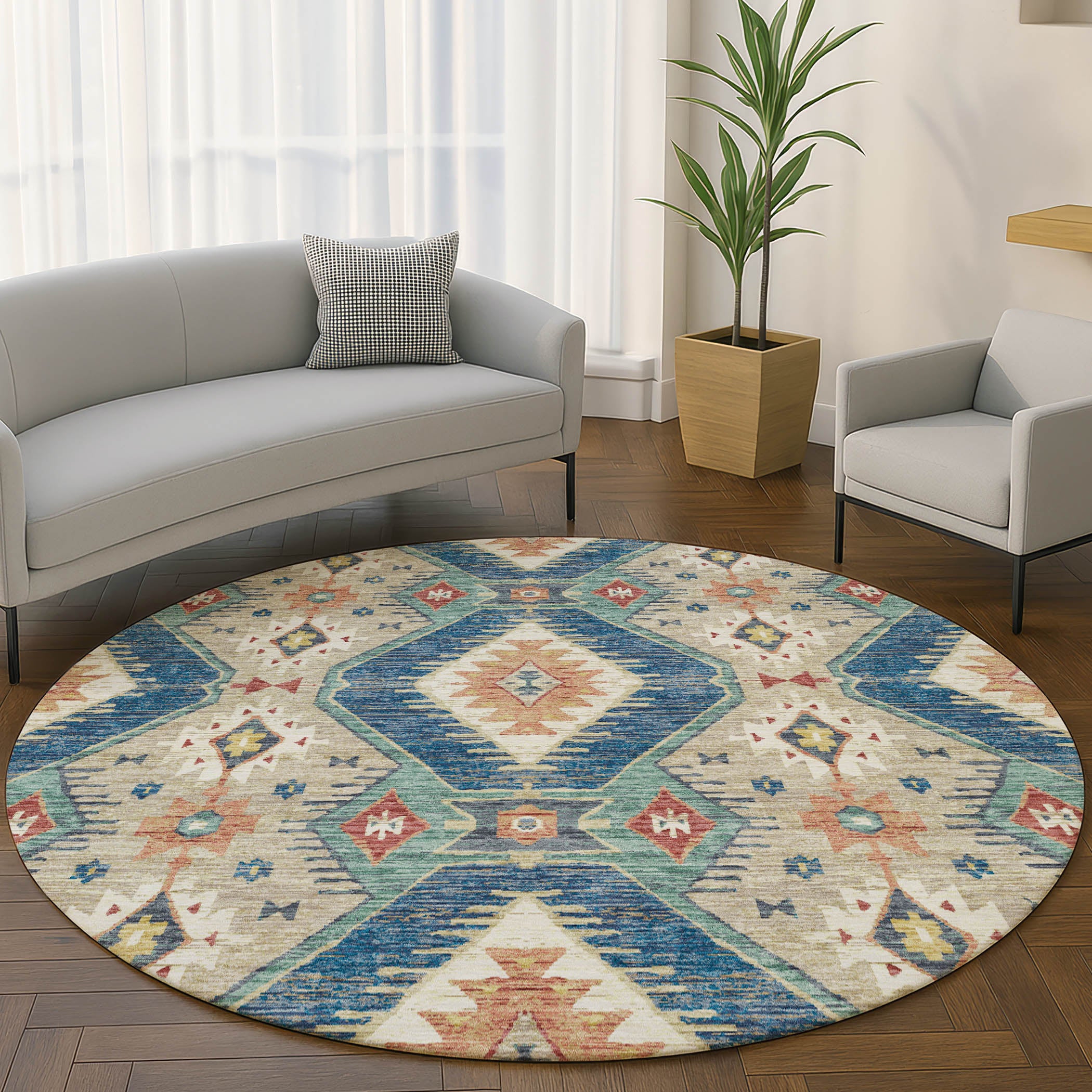 Oaxaca Machine Washable Transitional Navy Blue Rug 8' x 8' #shape_Round