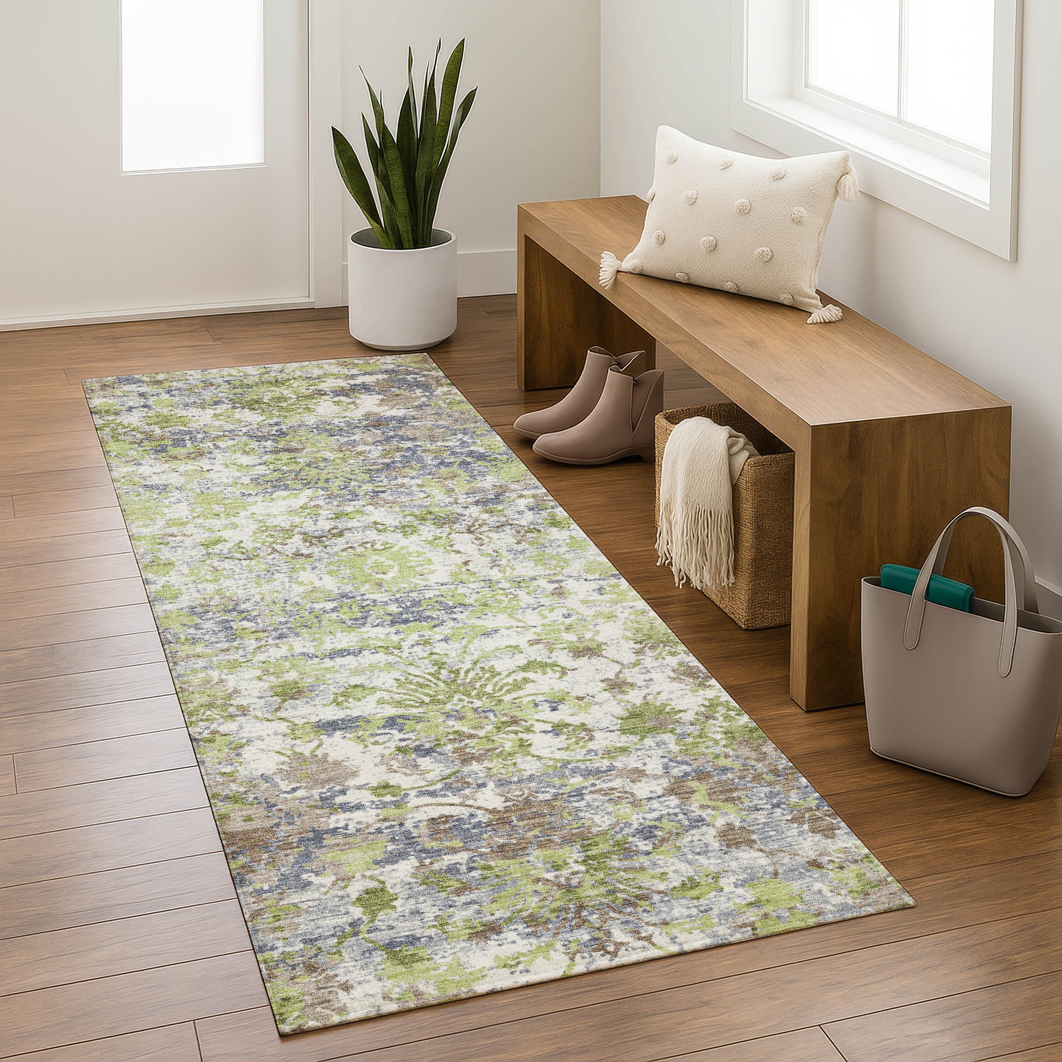 Dubrovnik Machine Washable Transitional Aloe Green Rug 2'3" x 7'6" #shape_Runner