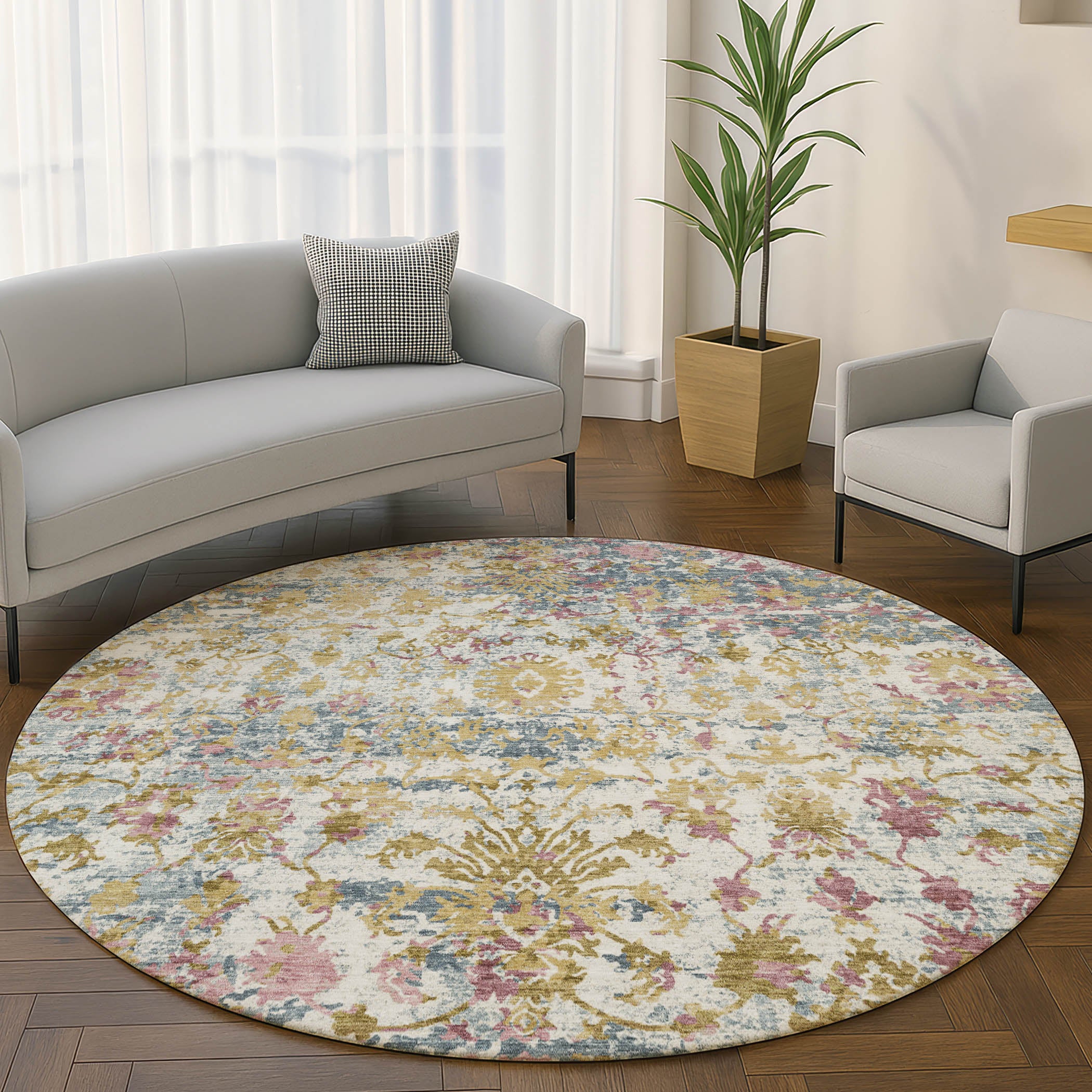 Dubrovnik Machine Washable Transitional Wheat Gold Rug 8' x 8' #shape_Round