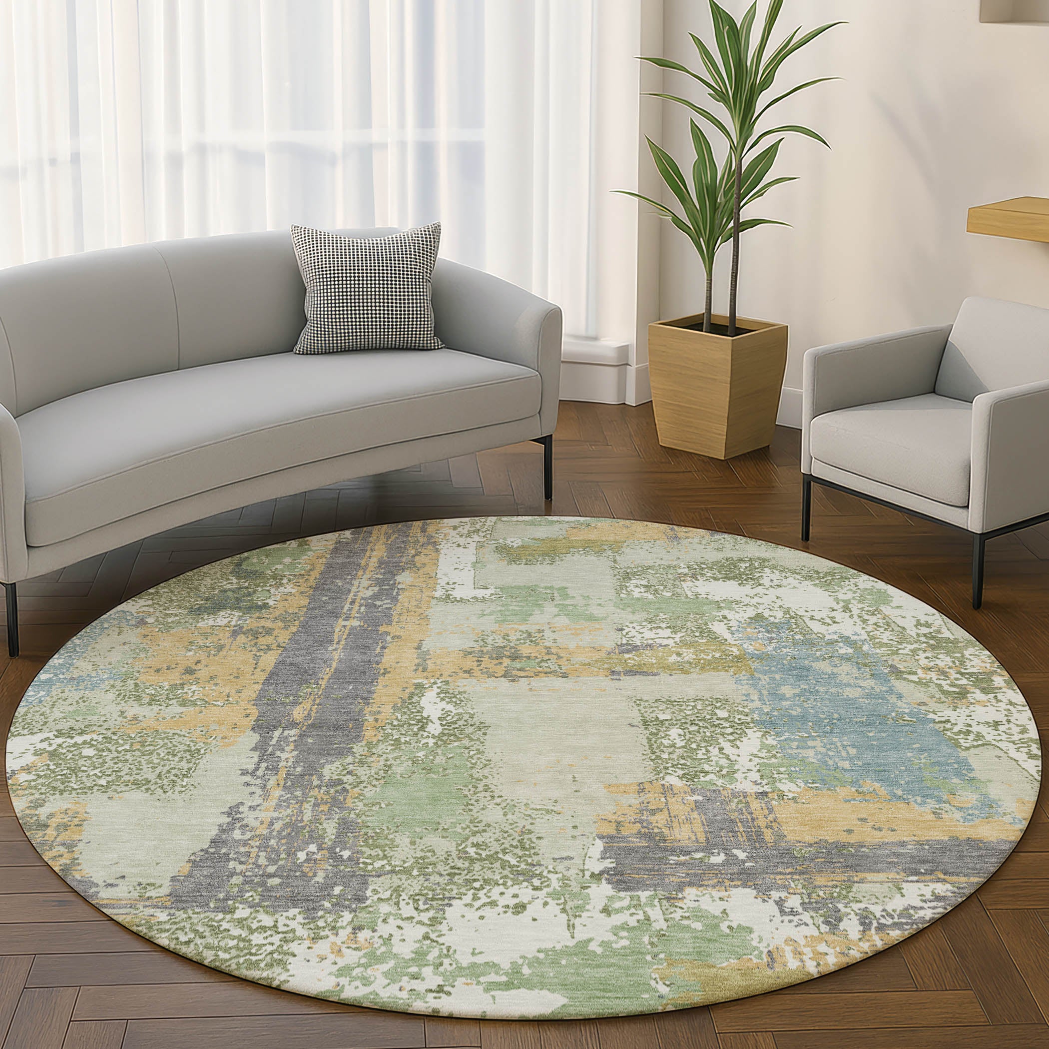 Seoul Machine Washable Transitional Aloe Green Rug 8' x 8' #shape_Round