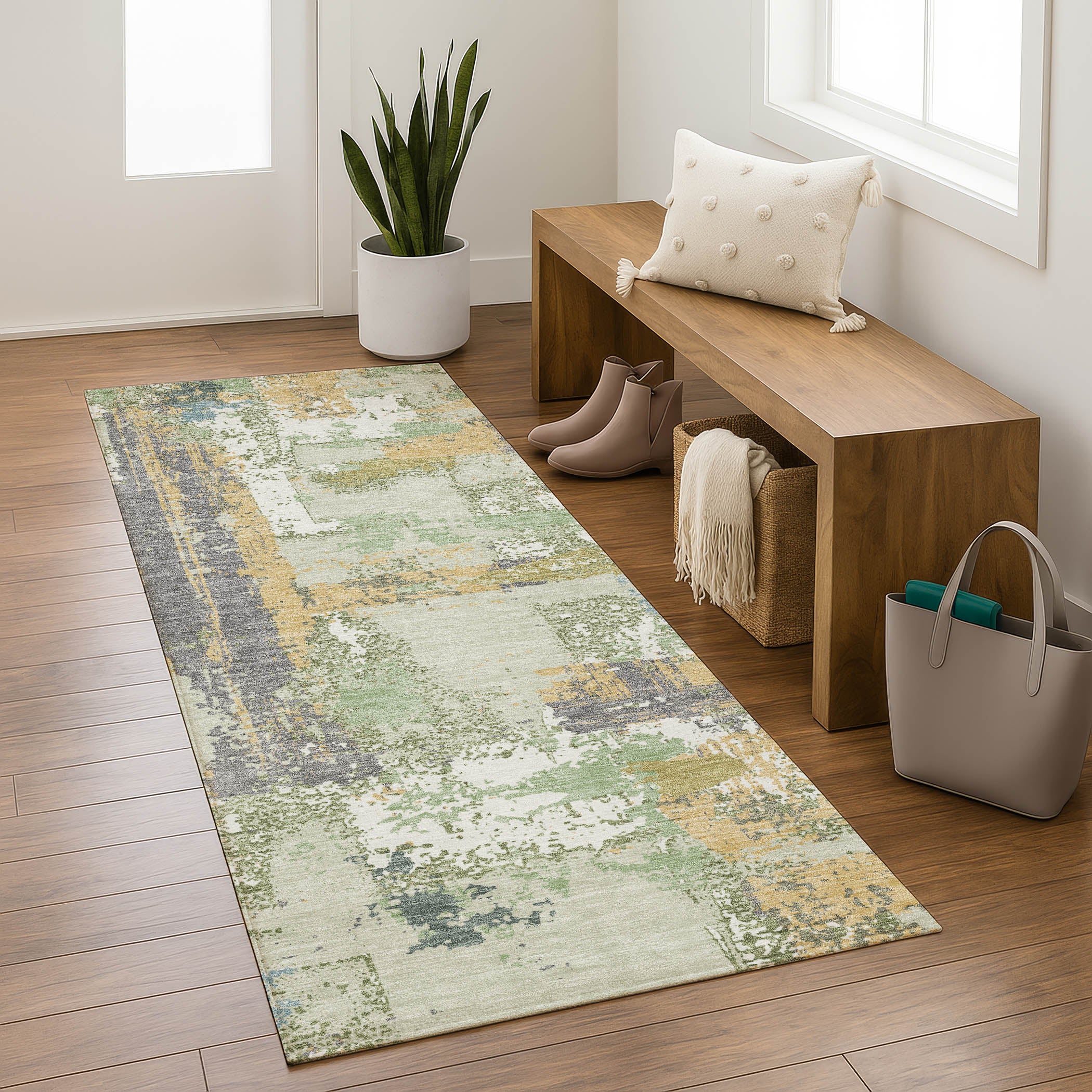 Seoul Machine Washable Transitional Aloe Green Rug 2'3" x 7'6" #shape_Runner