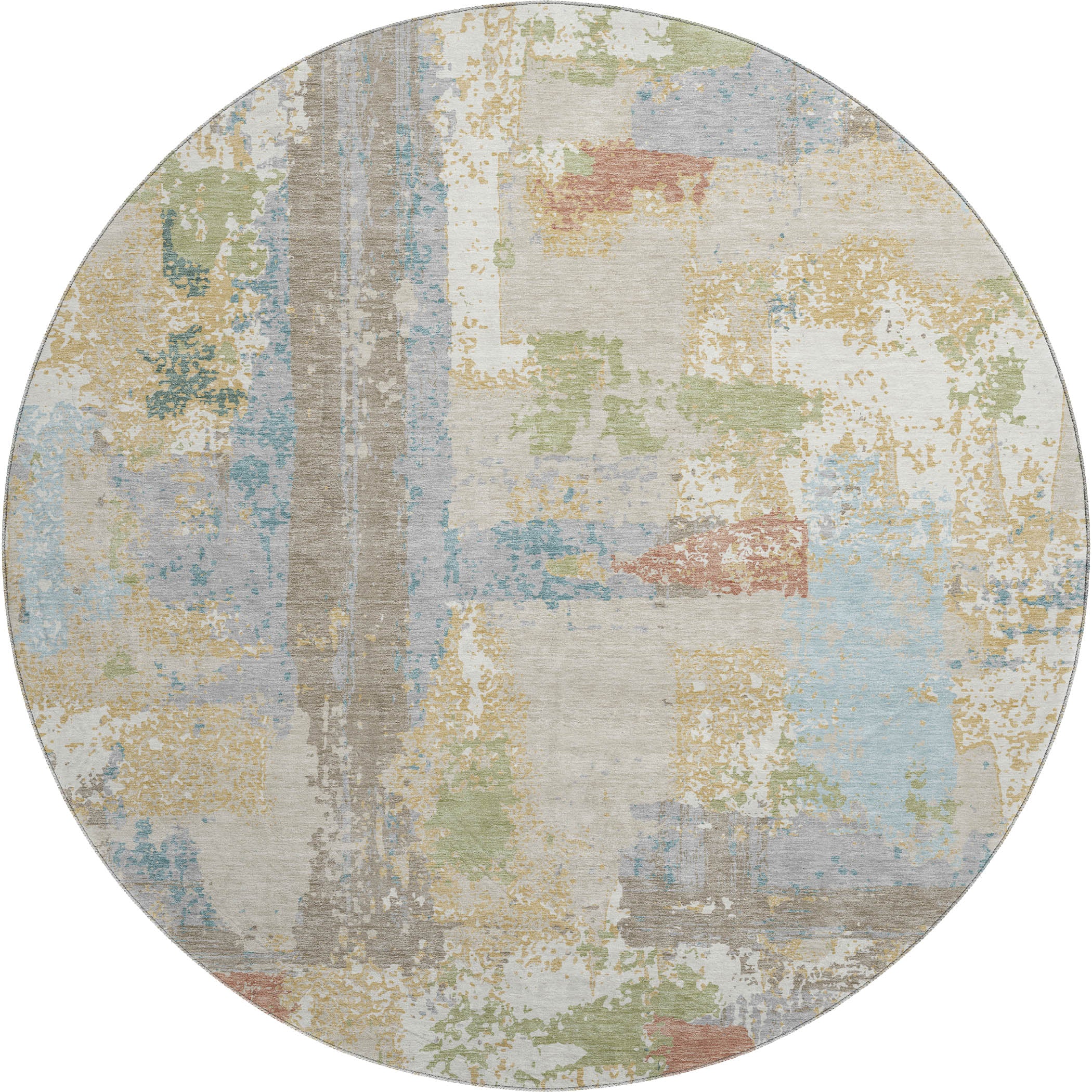 Seoul Machine Washable Transitional Beige Brown Rug 8' x 8' #shape_Round