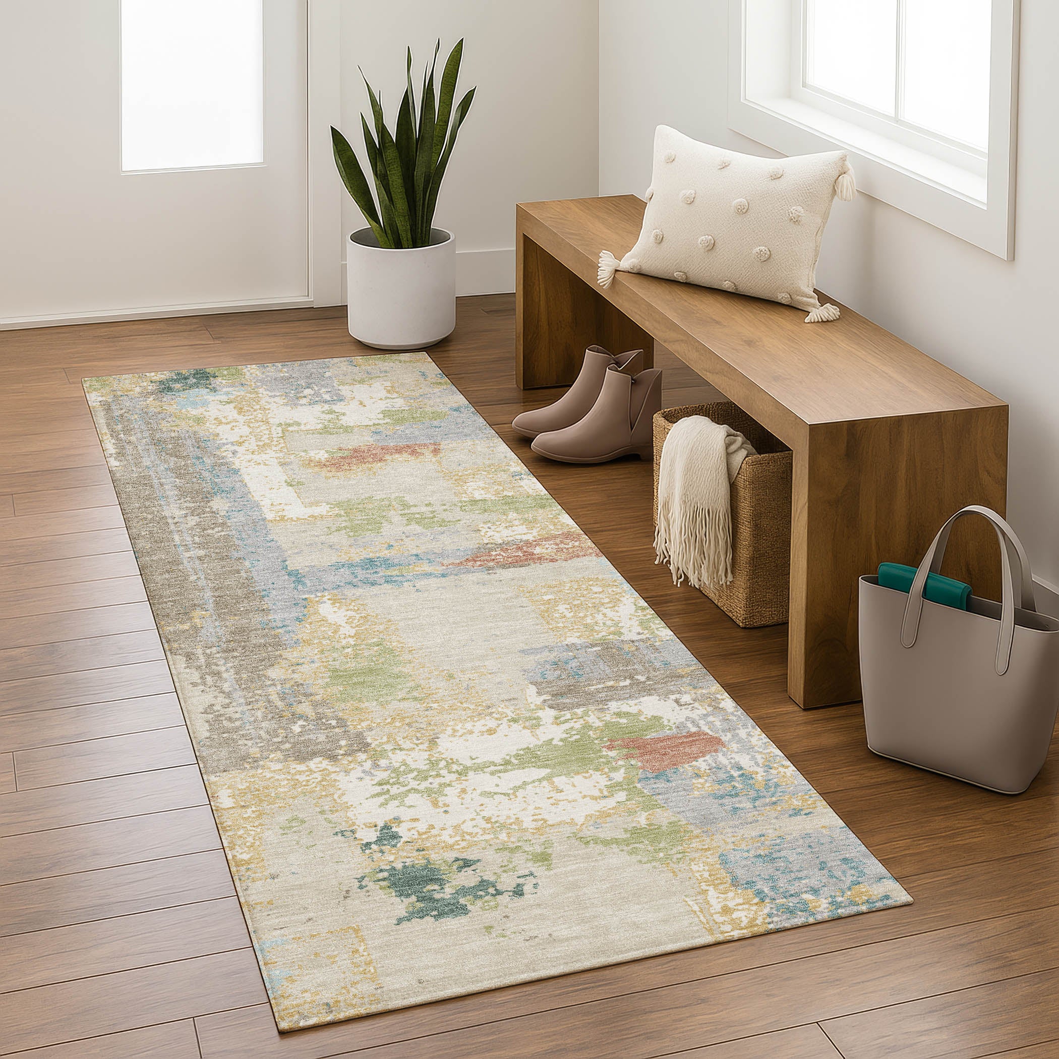 Seoul Machine Washable Transitional Beige Brown Rug 2'3" x 7'6" #shape_Runner