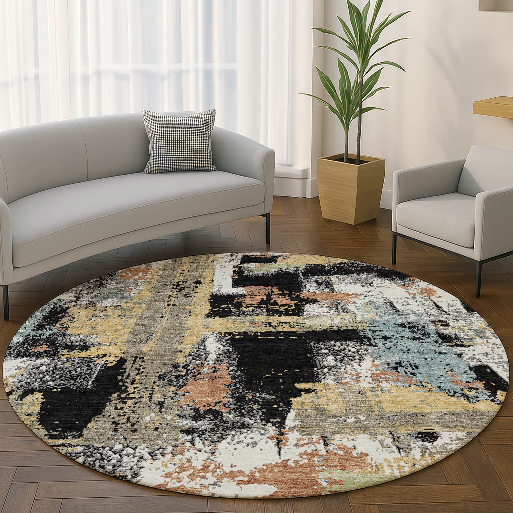 Seoul Machine Washable Transitional Black Rug 8' x 8' #shape_Round