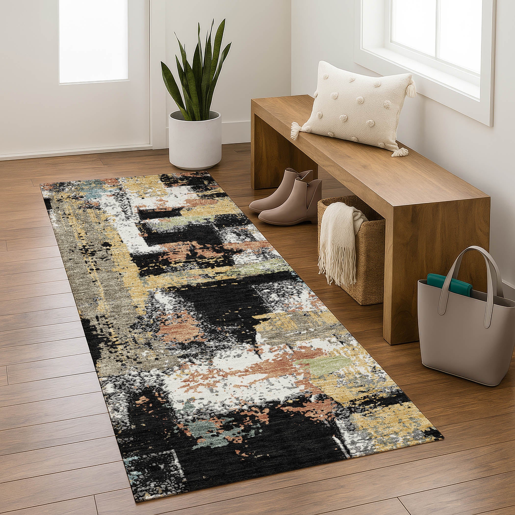 Seoul Machine Washable Transitional Black Rug 2'3" x 7'6" #shape_Runner