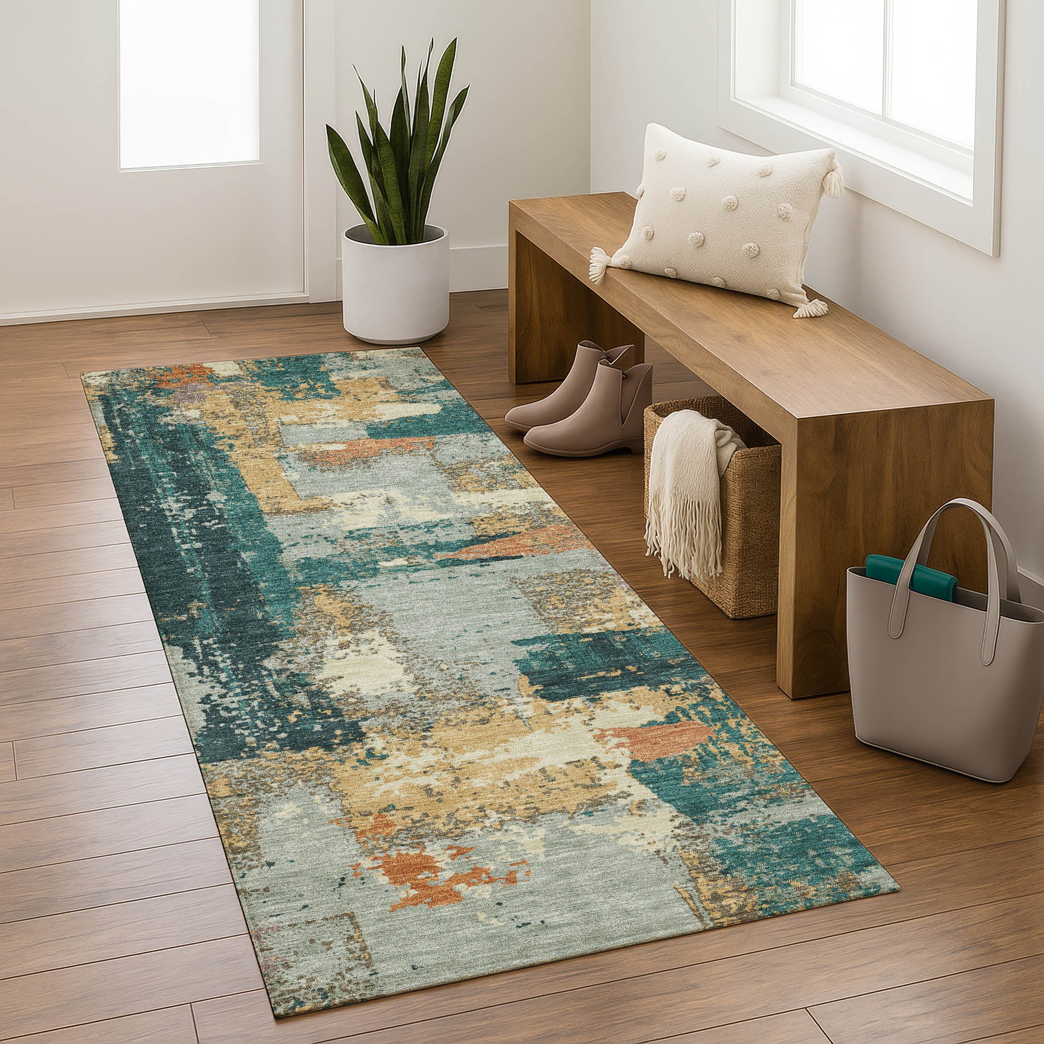 Seoul Machine Washable Transitional Seafoam Blue Rug 2'3" x 7'6" #shape_Runner