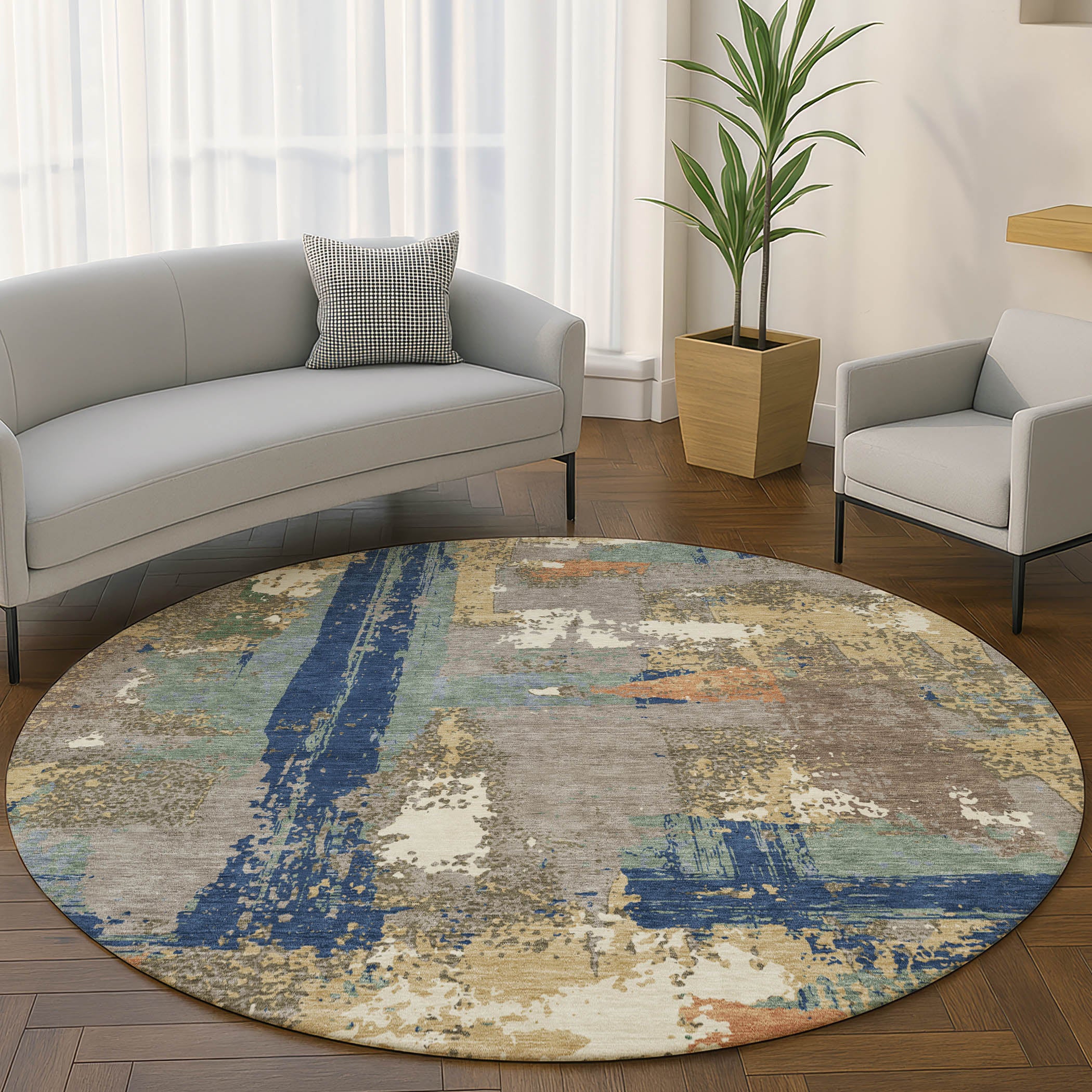 Seoul Machine Washable Transitional Taupe Brown Rug 8' x 8' #shape_Round