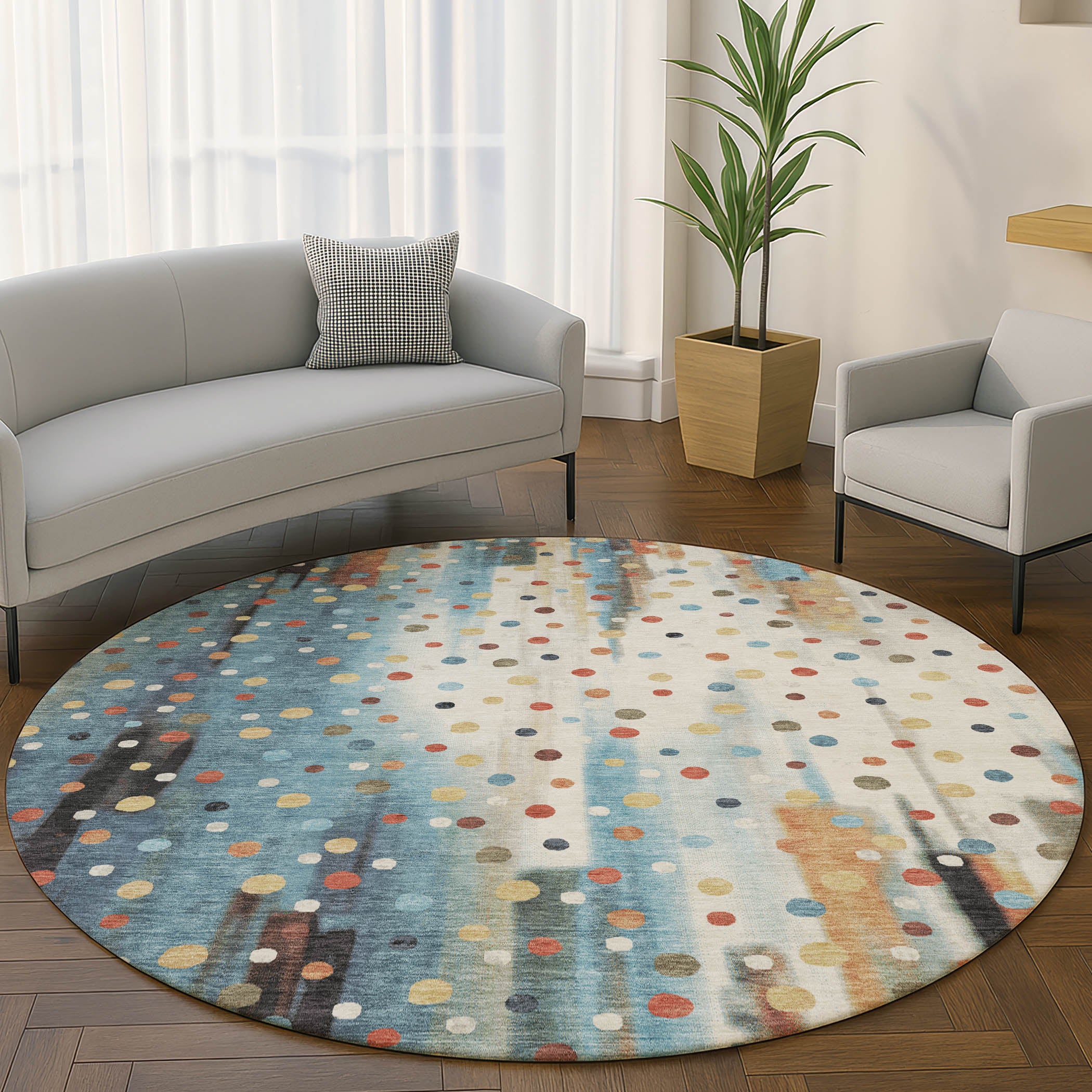 Seville Machine Washable Transitional Teal Rug 8' x 8' #shape_Round