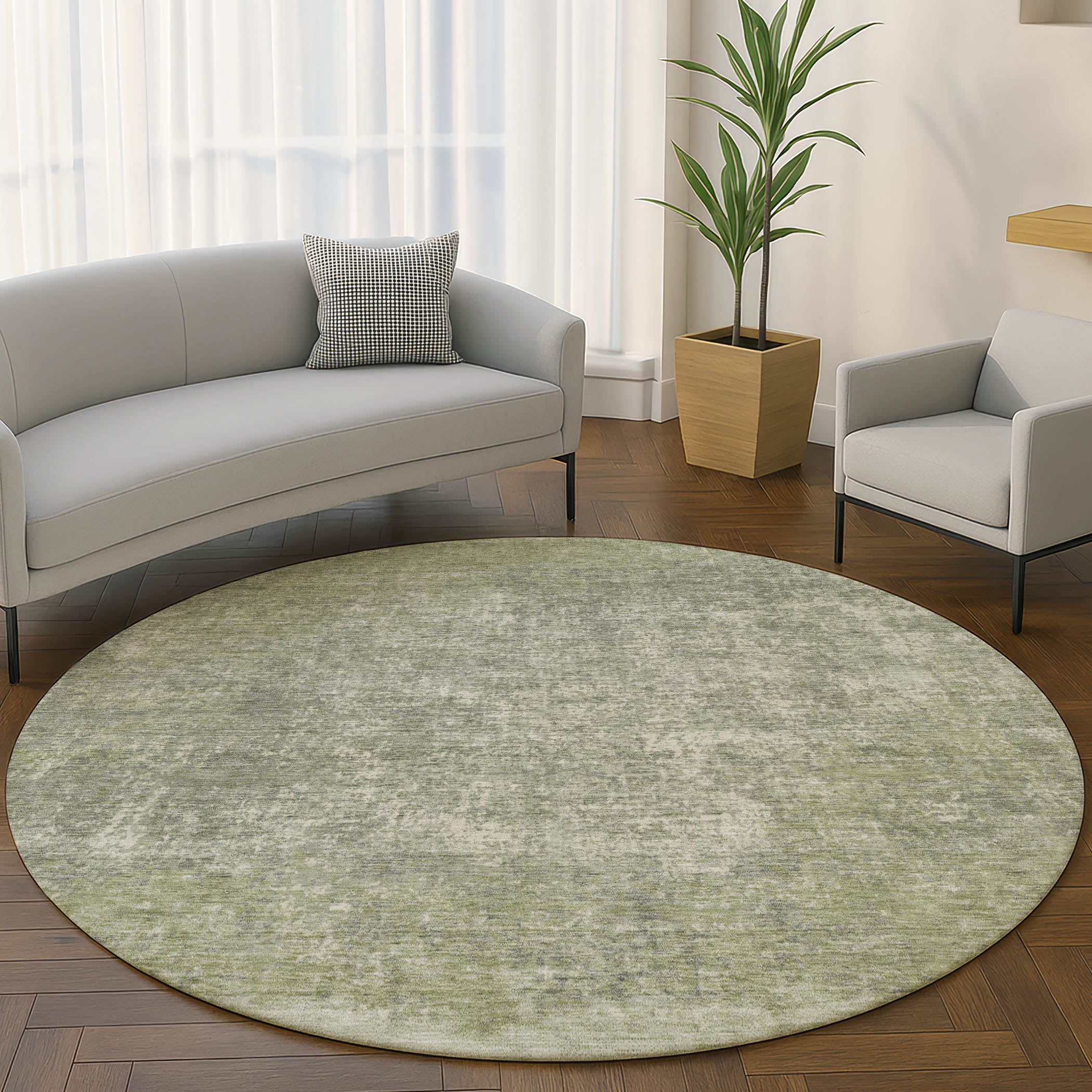 Luang Prabang Machine Washable Transitional Aloe Green Rug 8' x 8' #shape_Round