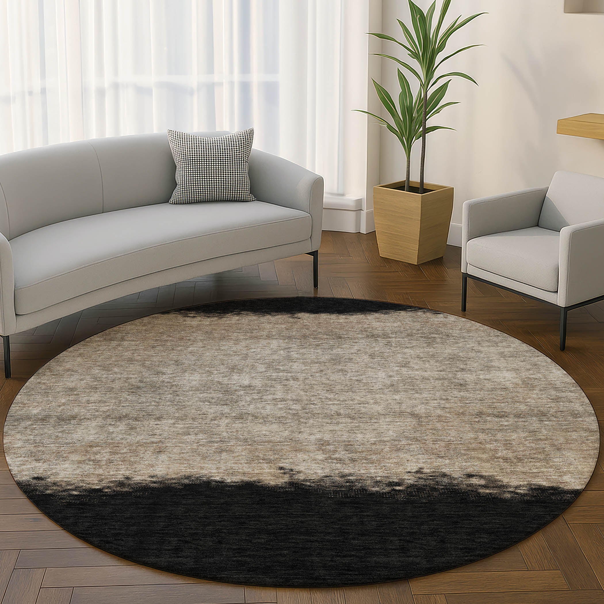Luang Prabang Machine Washable Transitional Black Rug 8' x 8' #shape_Round