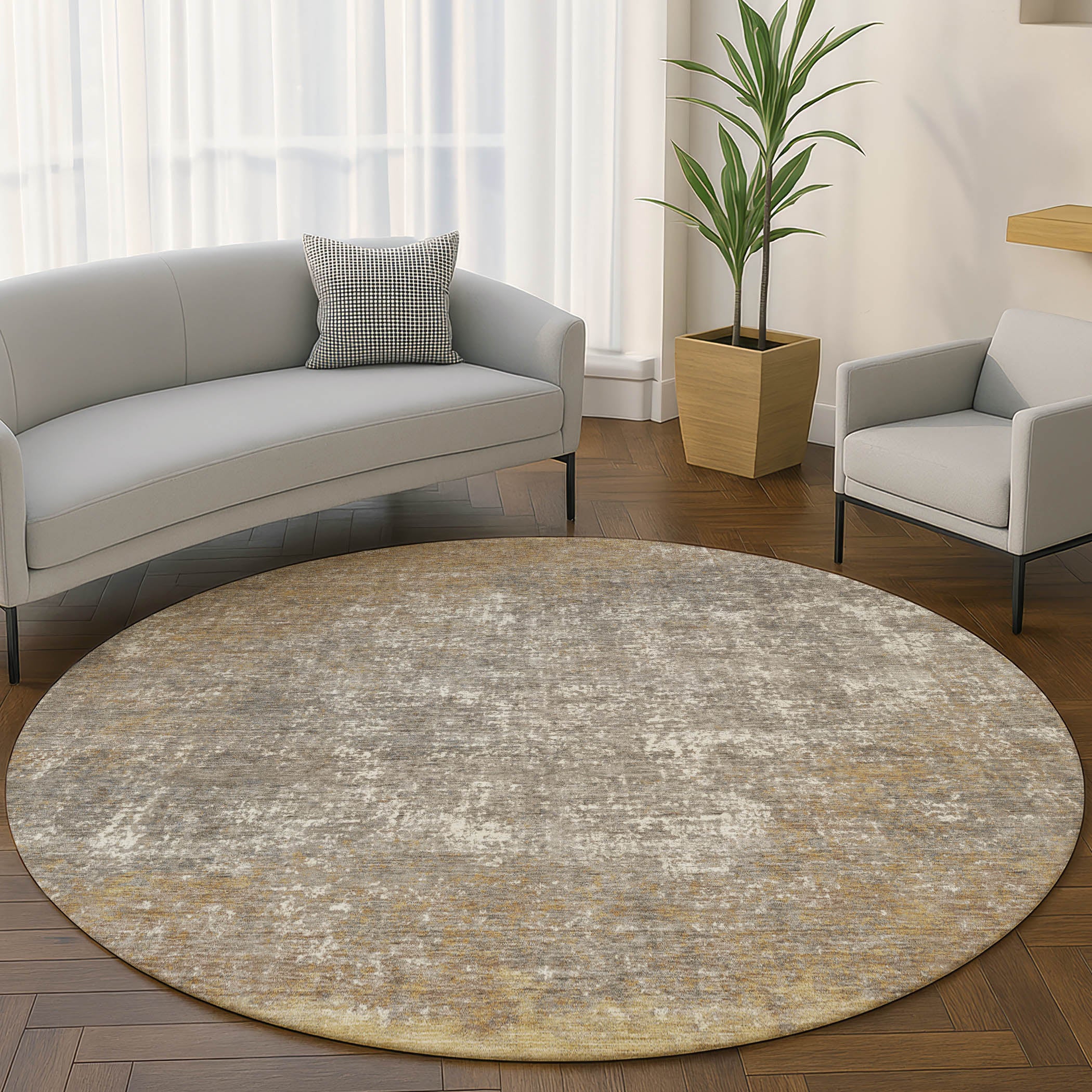 Luang Prabang Machine Washable Transitional Gold Rug 8' x 8' #shape_Round