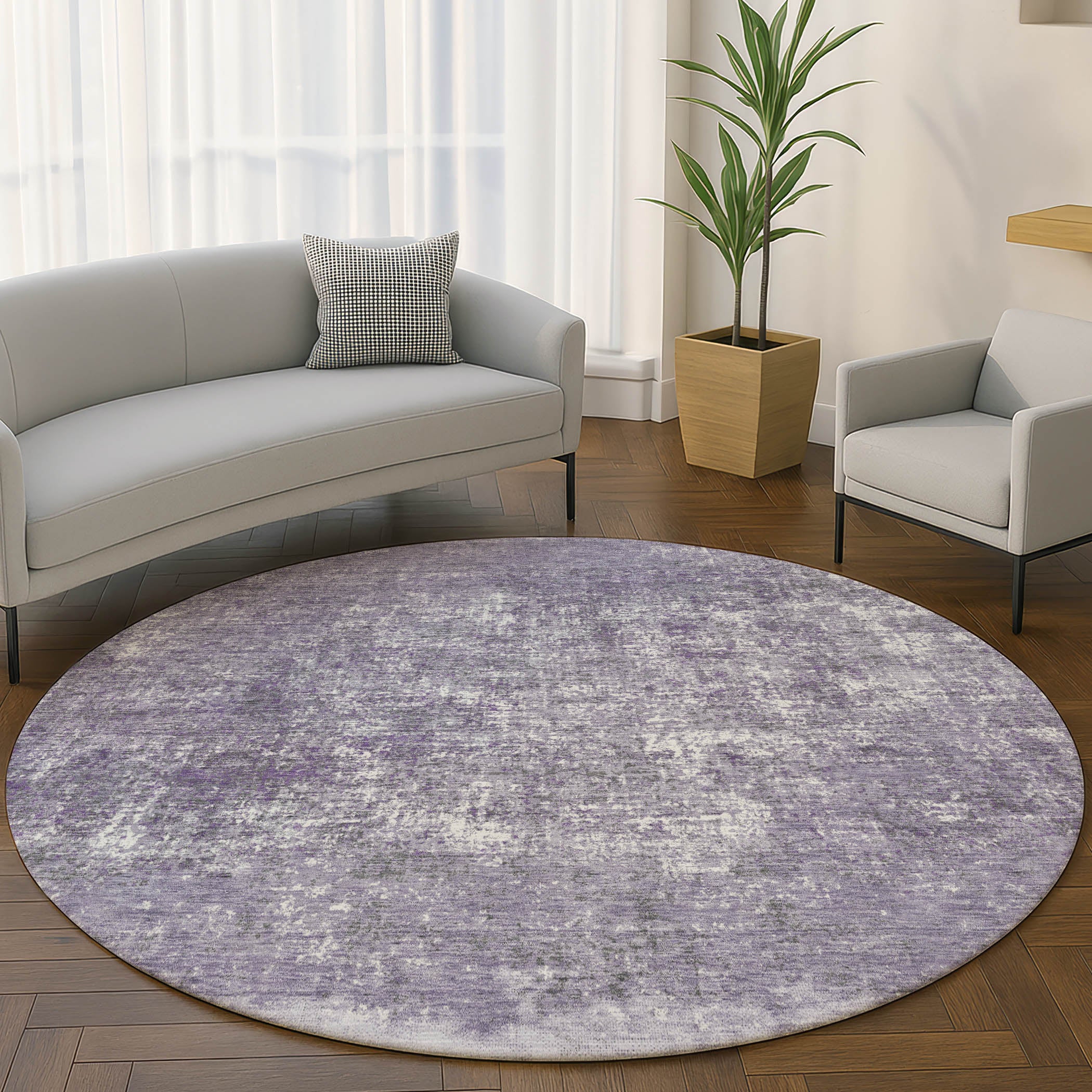 Luang Prabang Machine Washable Transitional Lavender Purple Rug 8' x 8' #shape_Round