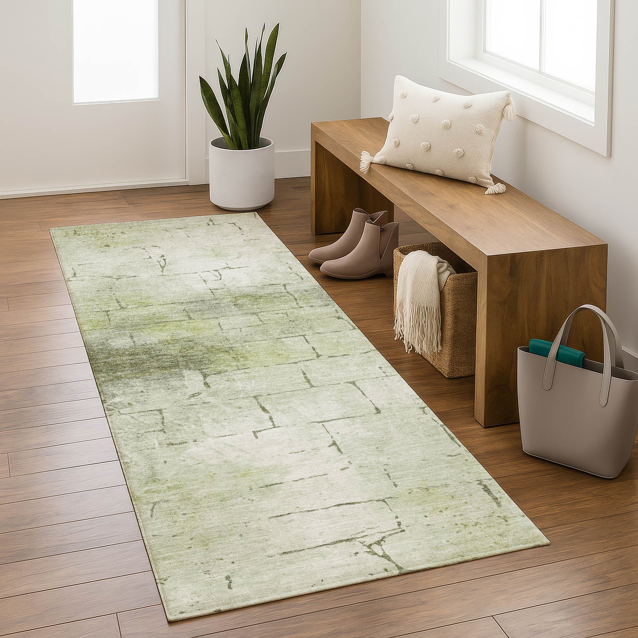 Queenstown Machine Washable Transitional Aloe Green Rug 2'3" x 7'6" #shape_Runner