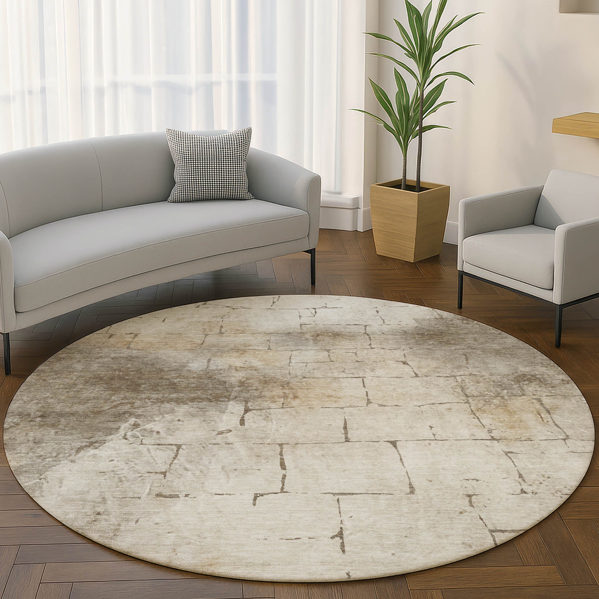 Queenstown Machine Washable Transitional Beige Brown Rug 8' x 8' #shape_Round