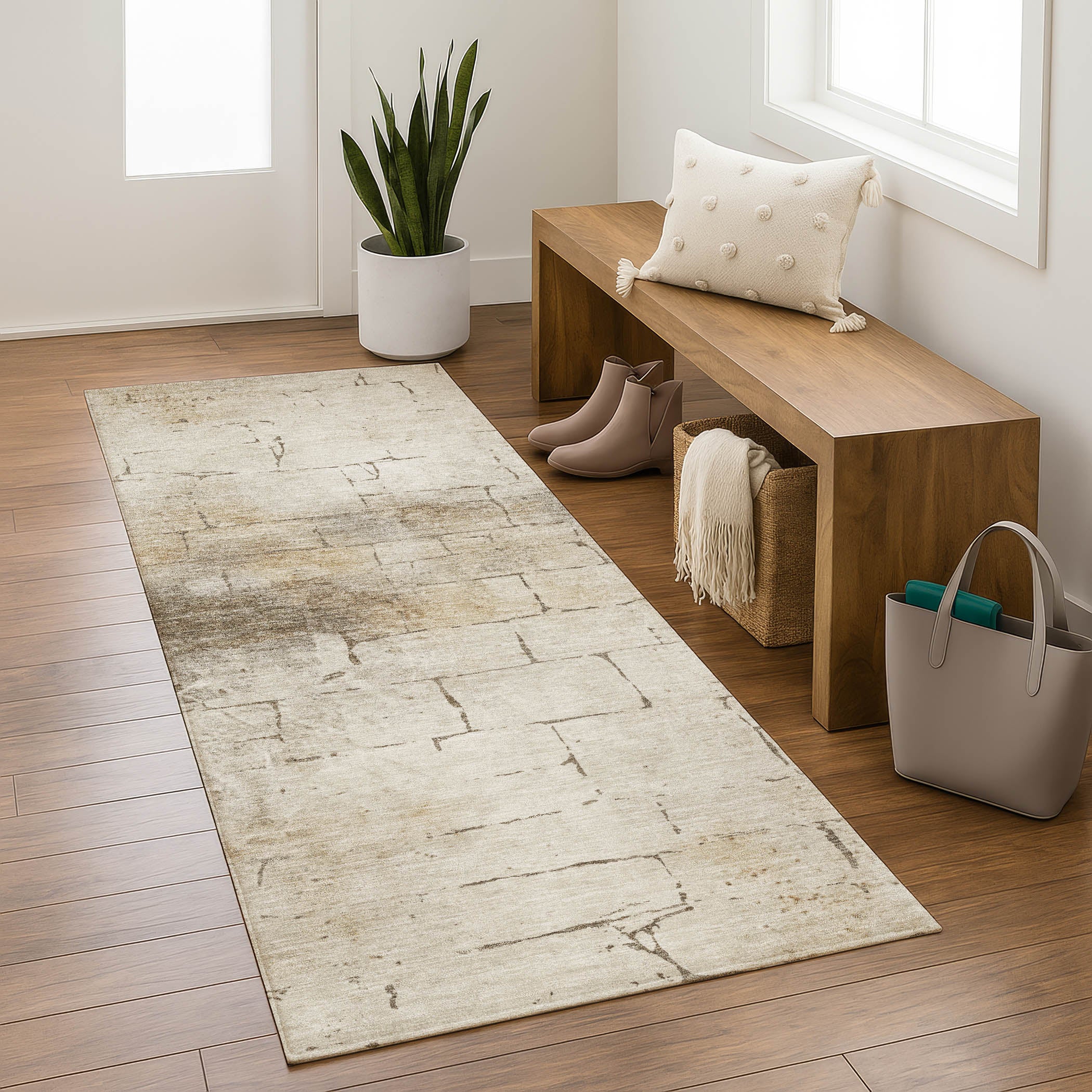 Queenstown Machine Washable Transitional Beige Brown Rug 2'3" x 7'6" #shape_Runner