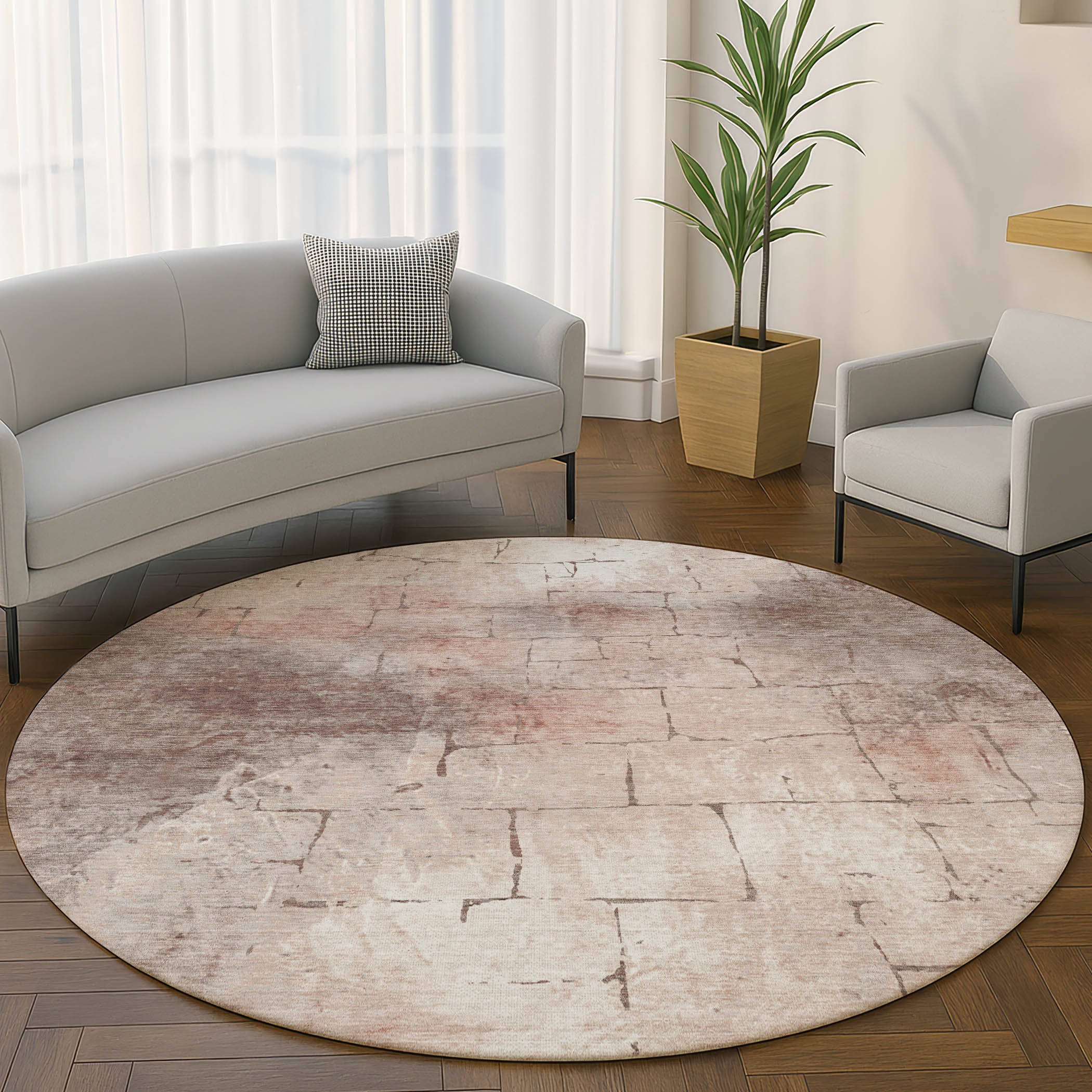 Queenstown Machine Washable Transitional Coral Orange Rug 8' x 8' #shape_Round