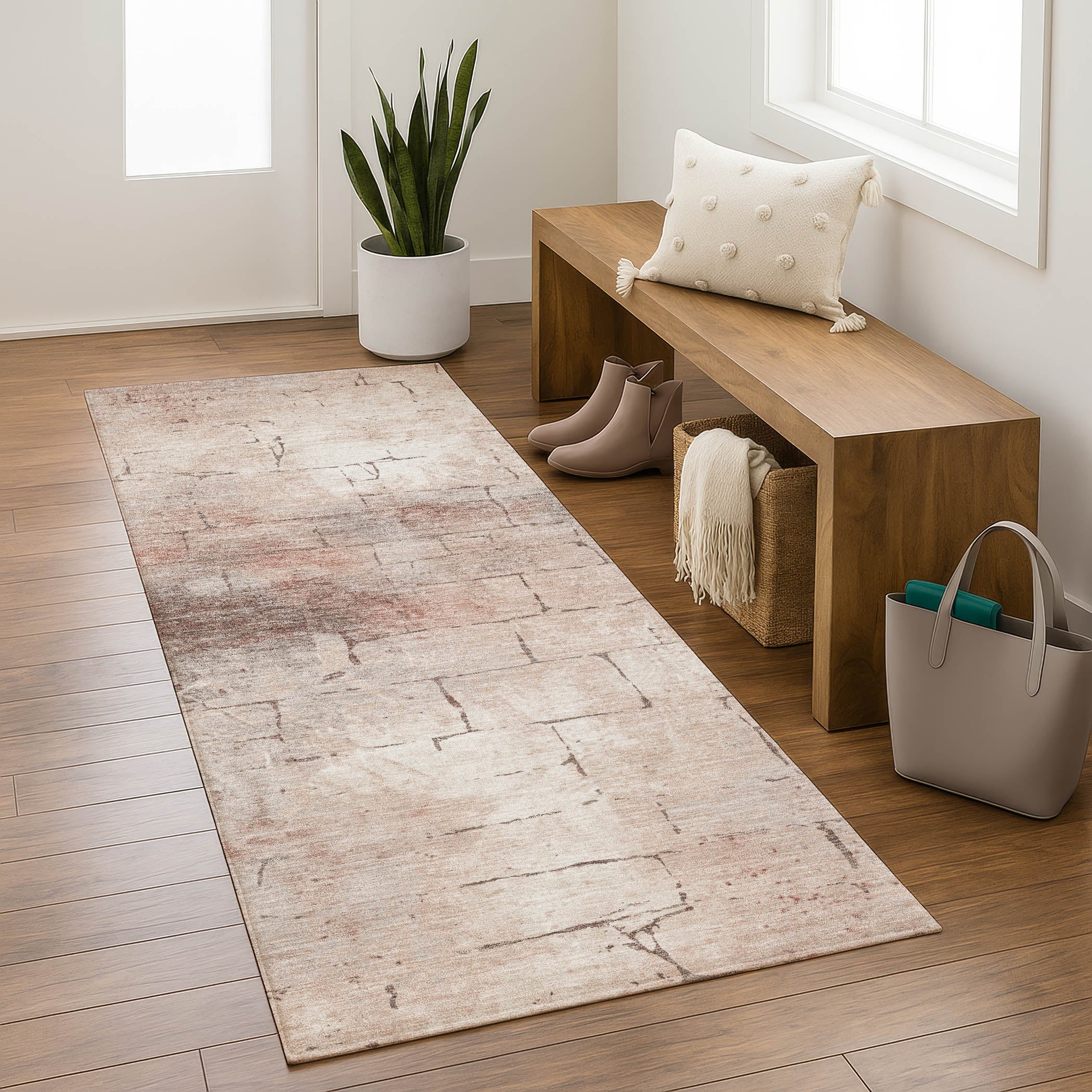 Queenstown Machine Washable Transitional Coral Orange Rug 2'3" x 7'6" #shape_Runner