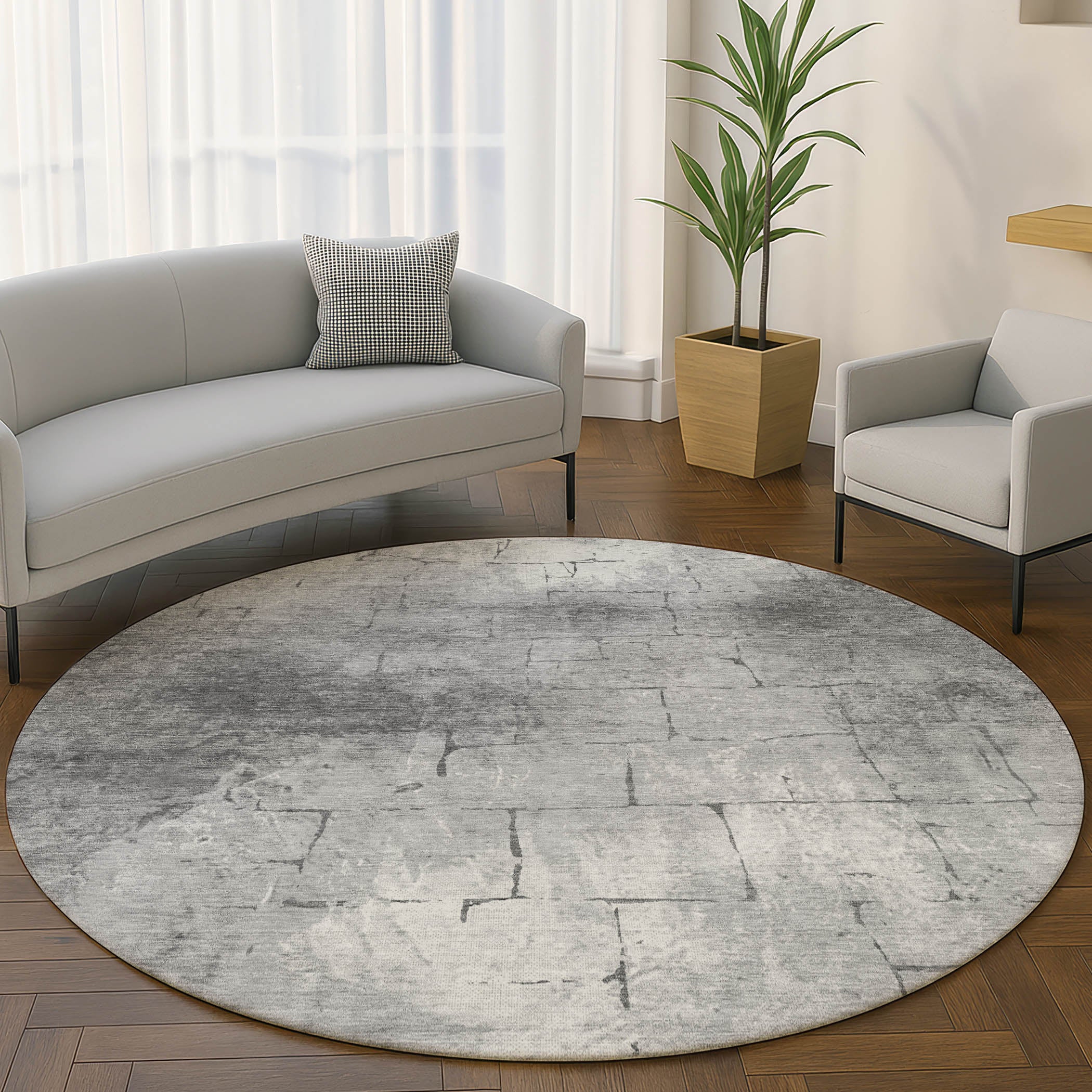 Queenstown Machine Washable Transitional Gray Rug 8' x 8' #shape_Round