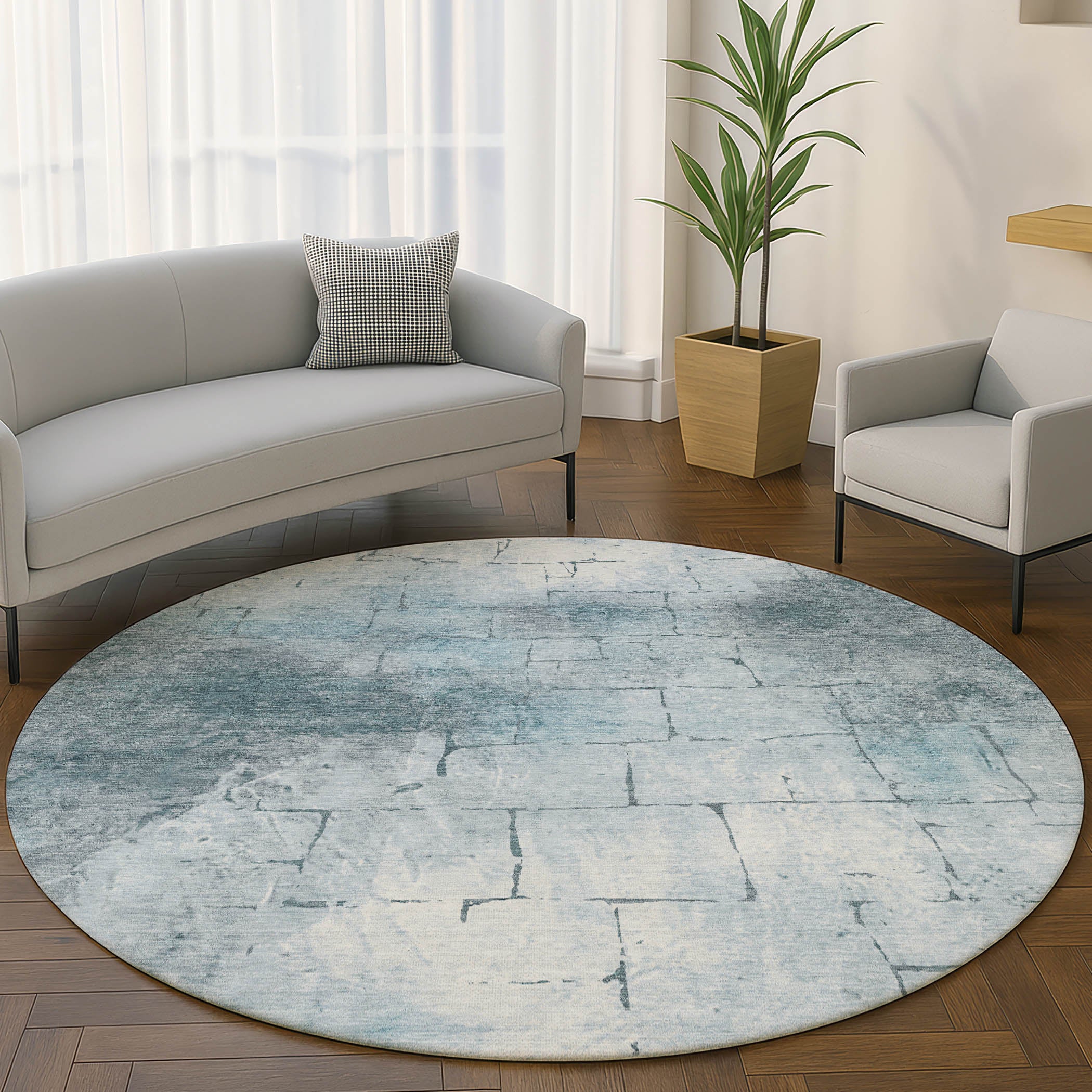 Queenstown Machine Washable Transitional Sky Blue Rug 8' x 8' #shape_Round