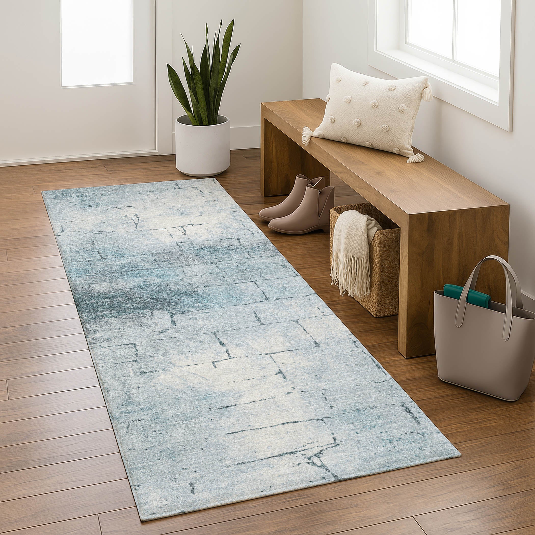 Queenstown Machine Washable Transitional Sky Blue Rug 2'3" x 7'6" #shape_Runner