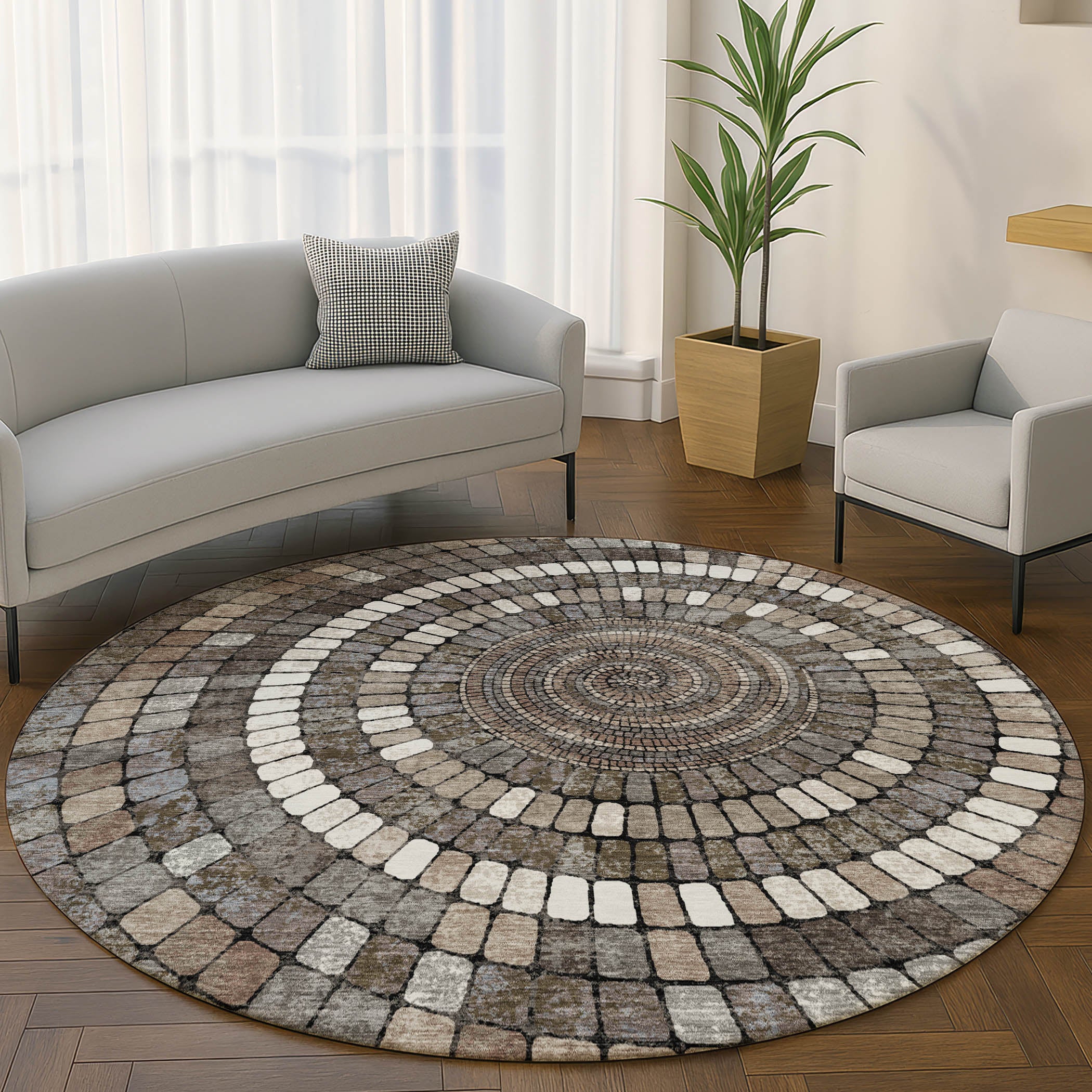 Siena Machine Washable Transitional Brown Rug 8' x 8' #shape_Round