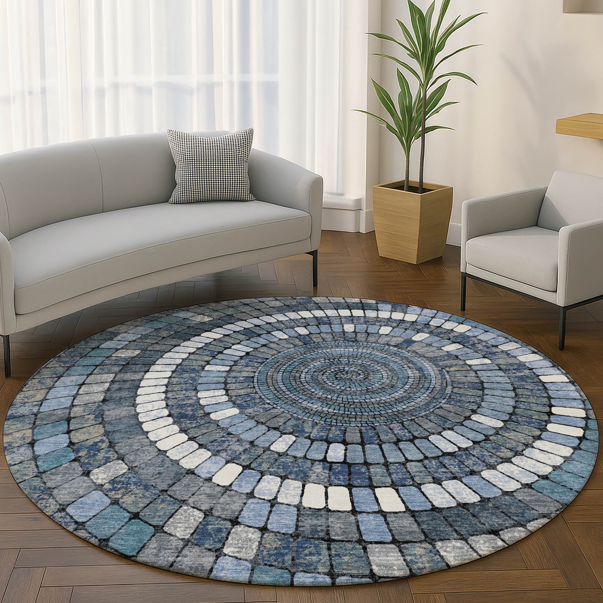 Siena Machine Washable Transitional Navy Blue Rug 8' x 8' #shape_Round