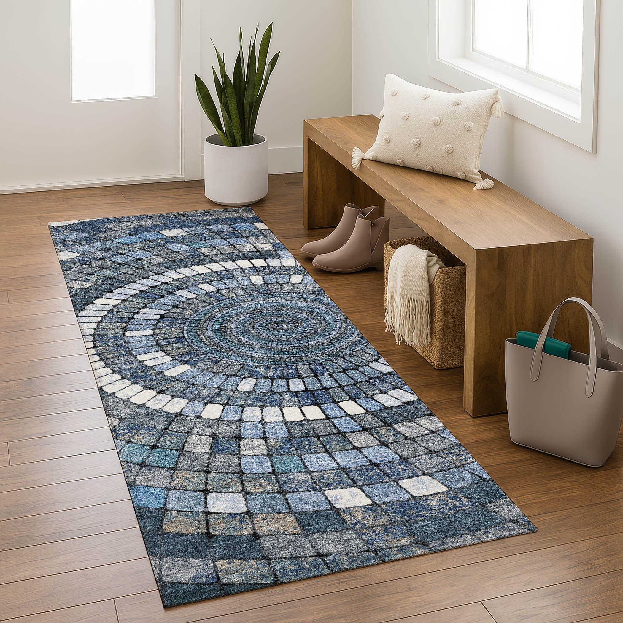 Siena Machine Washable Transitional Navy Blue Rug 2'3" x 7'6" #shape_Runner
