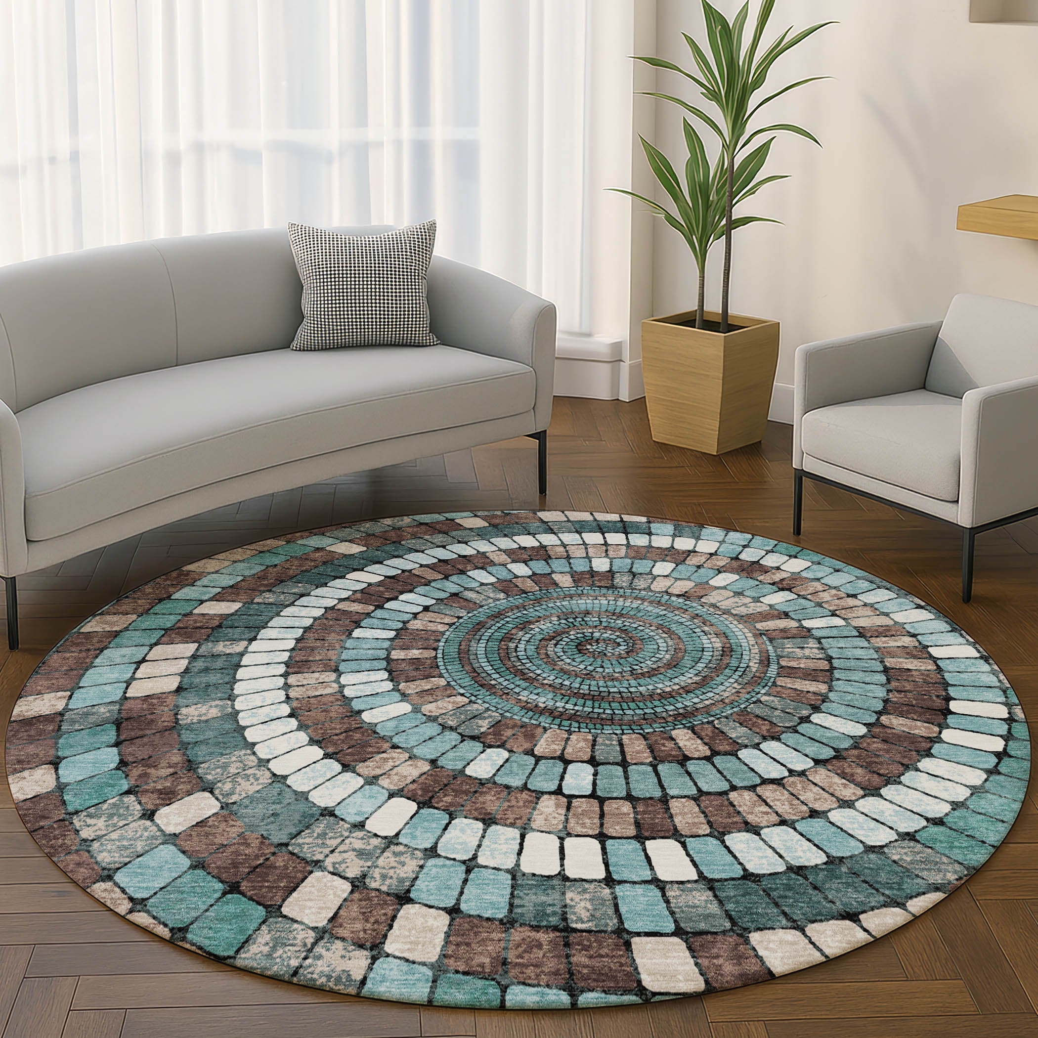 Siena Machine Washable Transitional Teal Rug 8' x 8' #shape_Round
