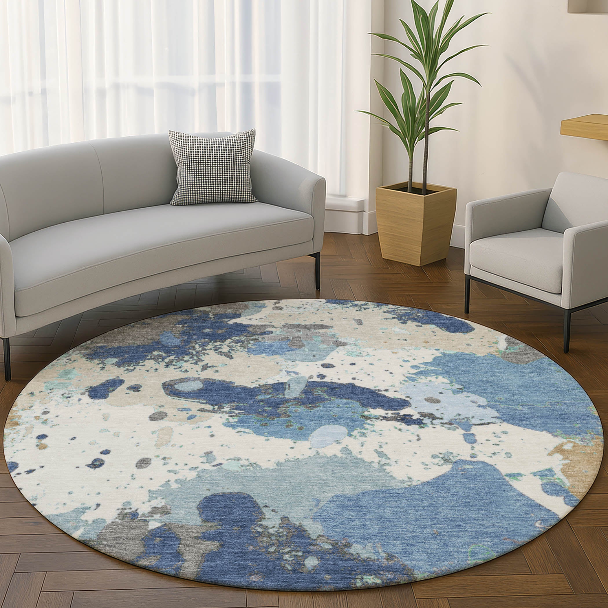Marrakech Machine Washable Transitional Denim Blue Rug 8' x 8' #shape_Round