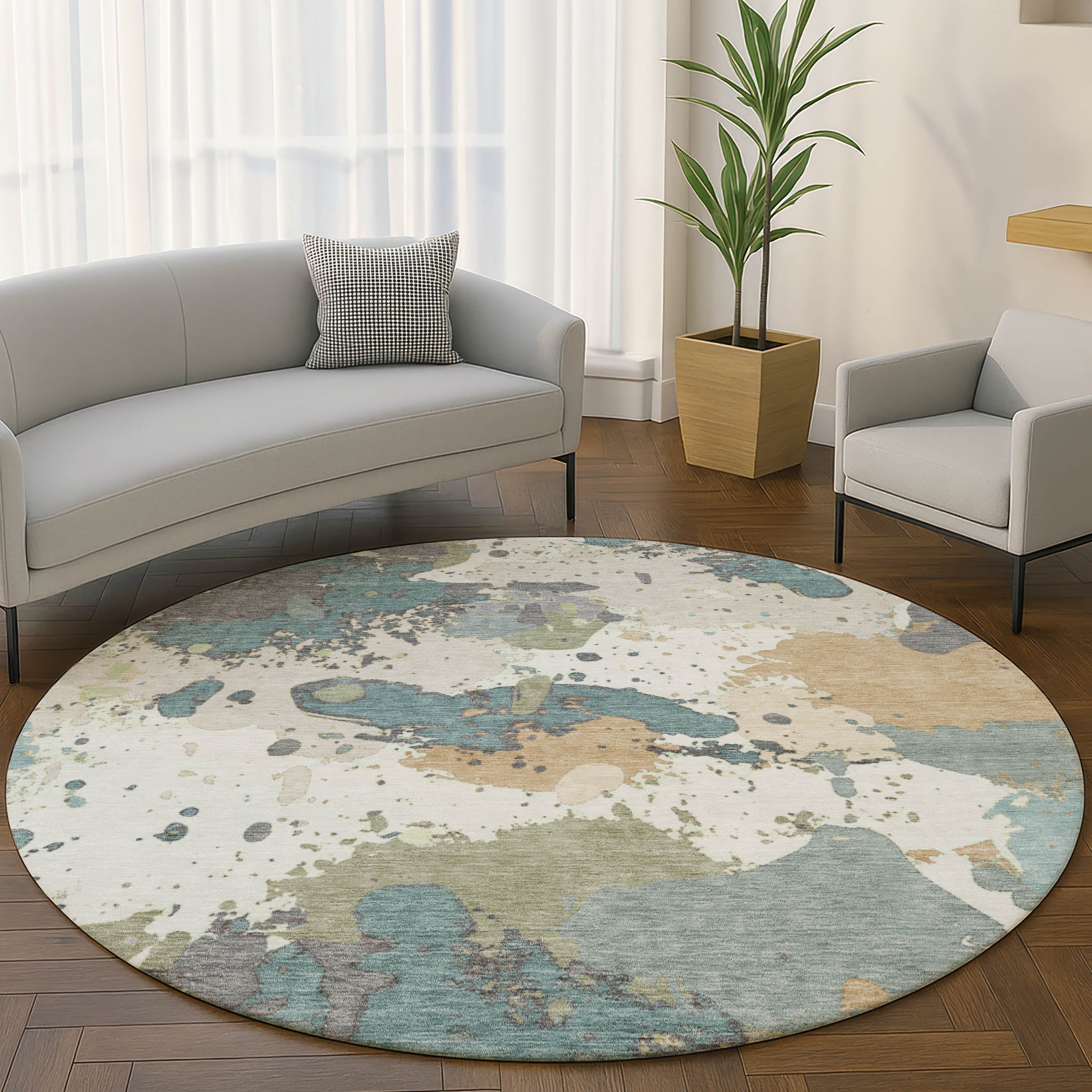 Marrakech Machine Washable Transitional Seafoam Blue Rug 8' x 8' #shape_Round