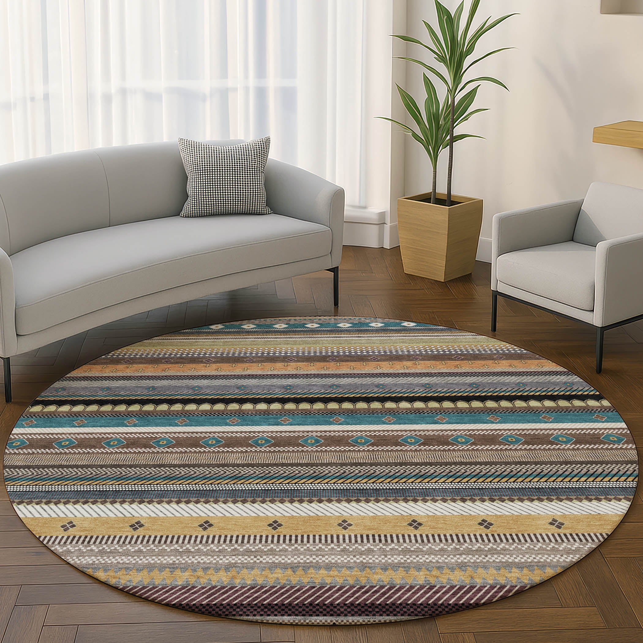 Lisbon Machine Washable Transitional Brown Rug 8' x 8' #shape_Round