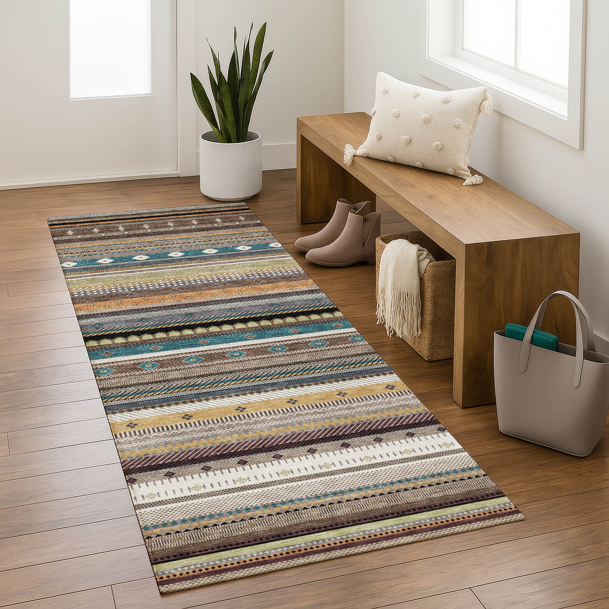 Lisbon Machine Washable Transitional Brown Rug 2'3" x 7'6" #shape_Runner
