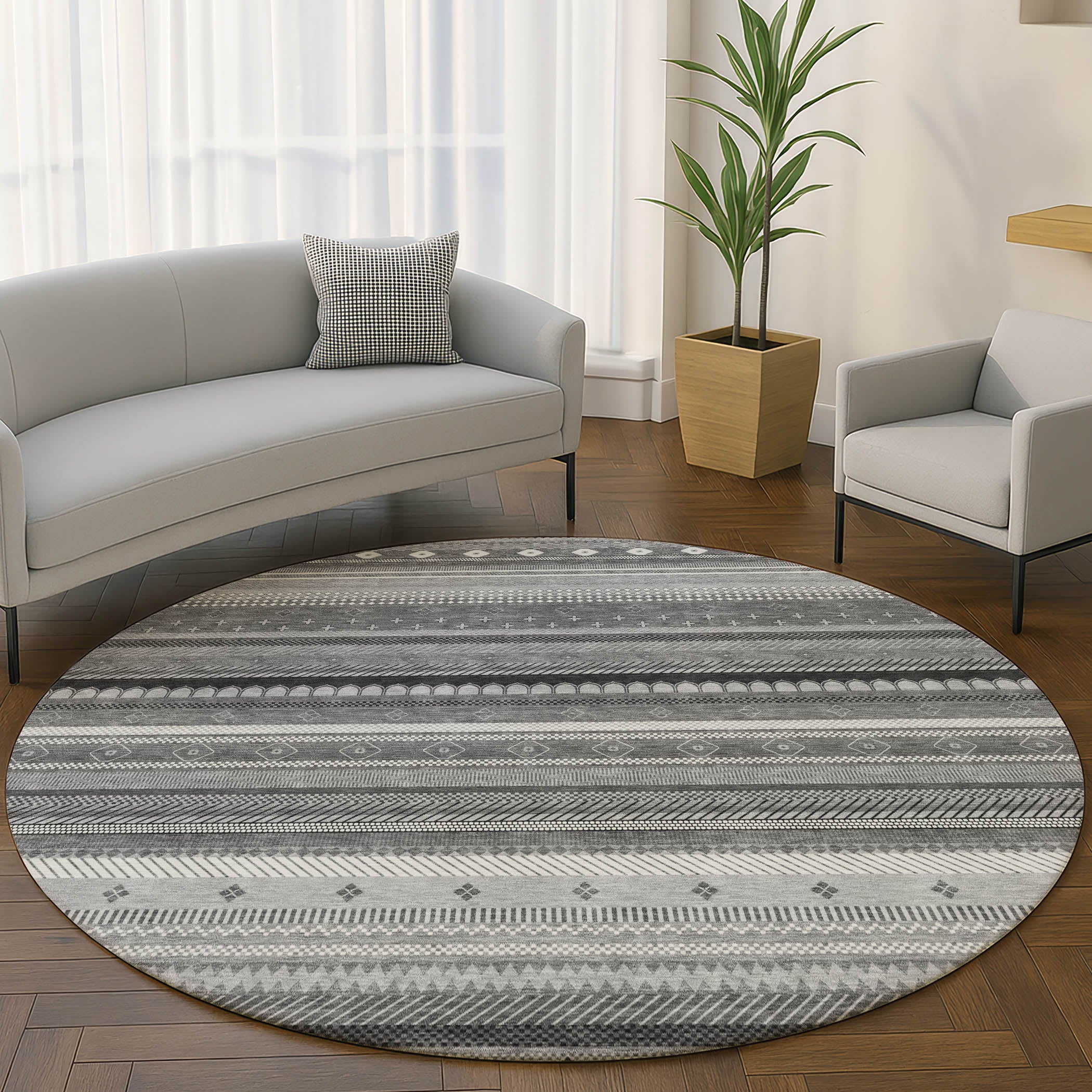 Lisbon Machine Washable Transitional Gray Rug 8' x 8' #shape_Round