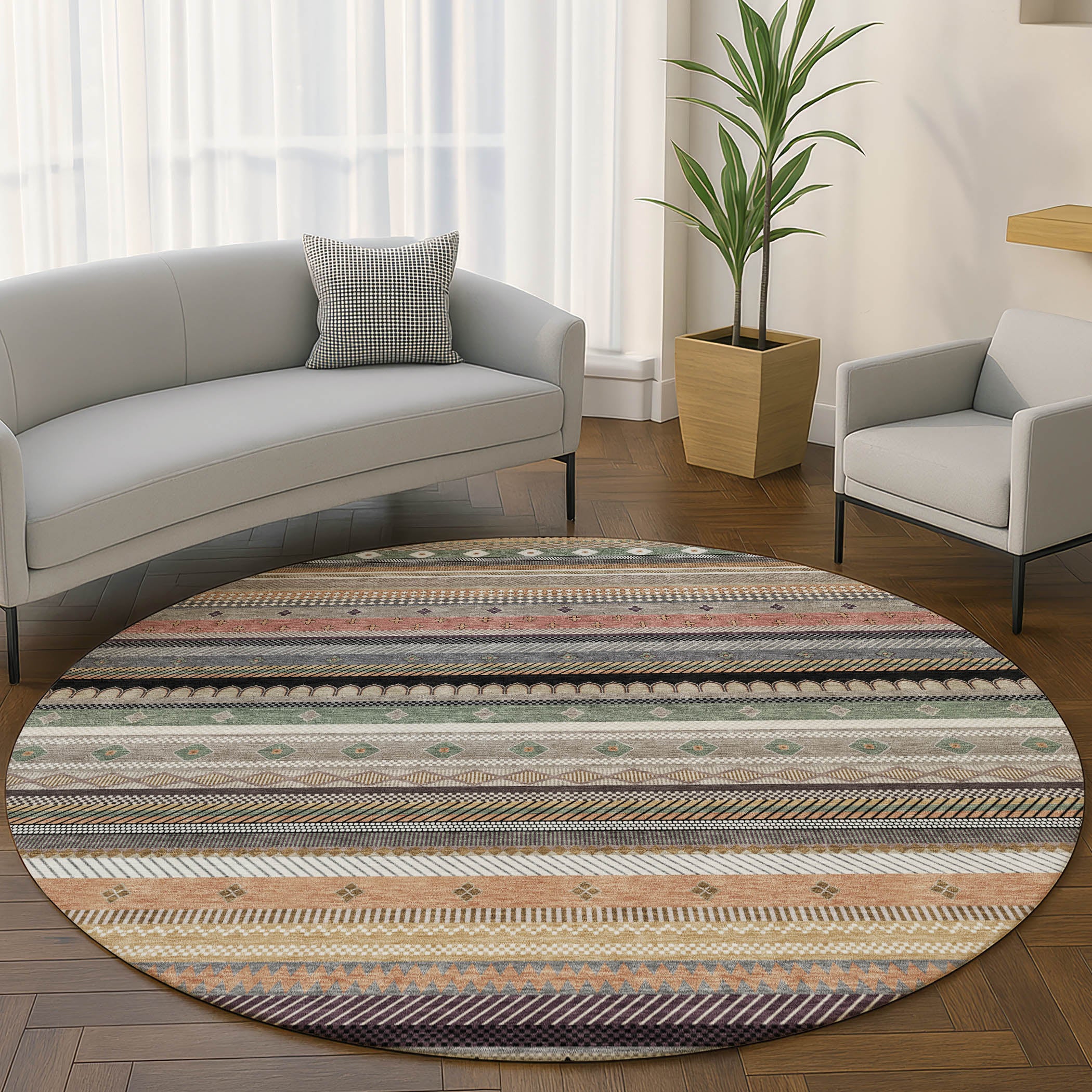 Lisbon Machine Washable Transitional Khaki Brown Rug 8' x 8' #shape_Round