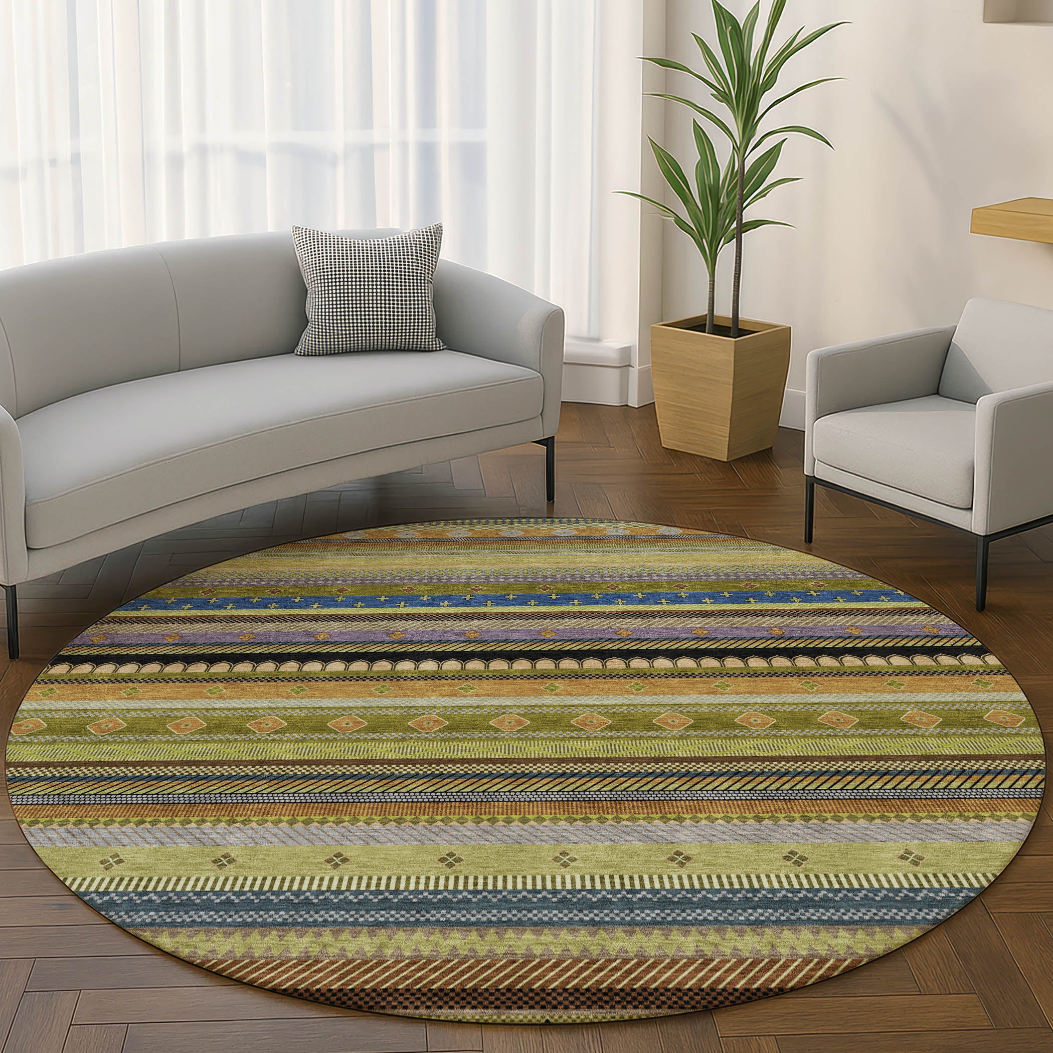 Lisbon Machine Washable Transitional Olive Green Rug 8' x 8' #shape_Round
