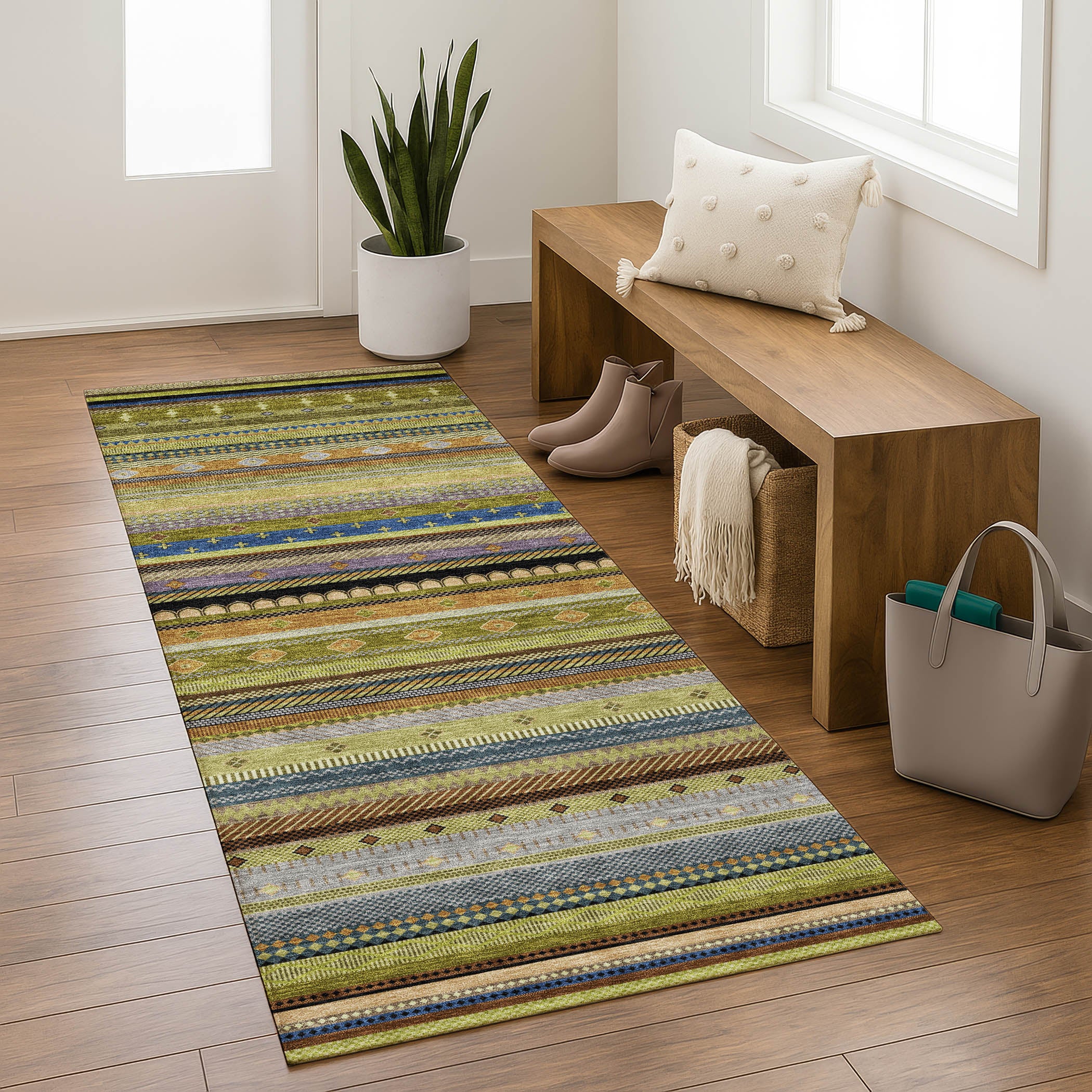 Lisbon Machine Washable Transitional Olive Green Rug 2'3" x 7'6" #shape_Runner