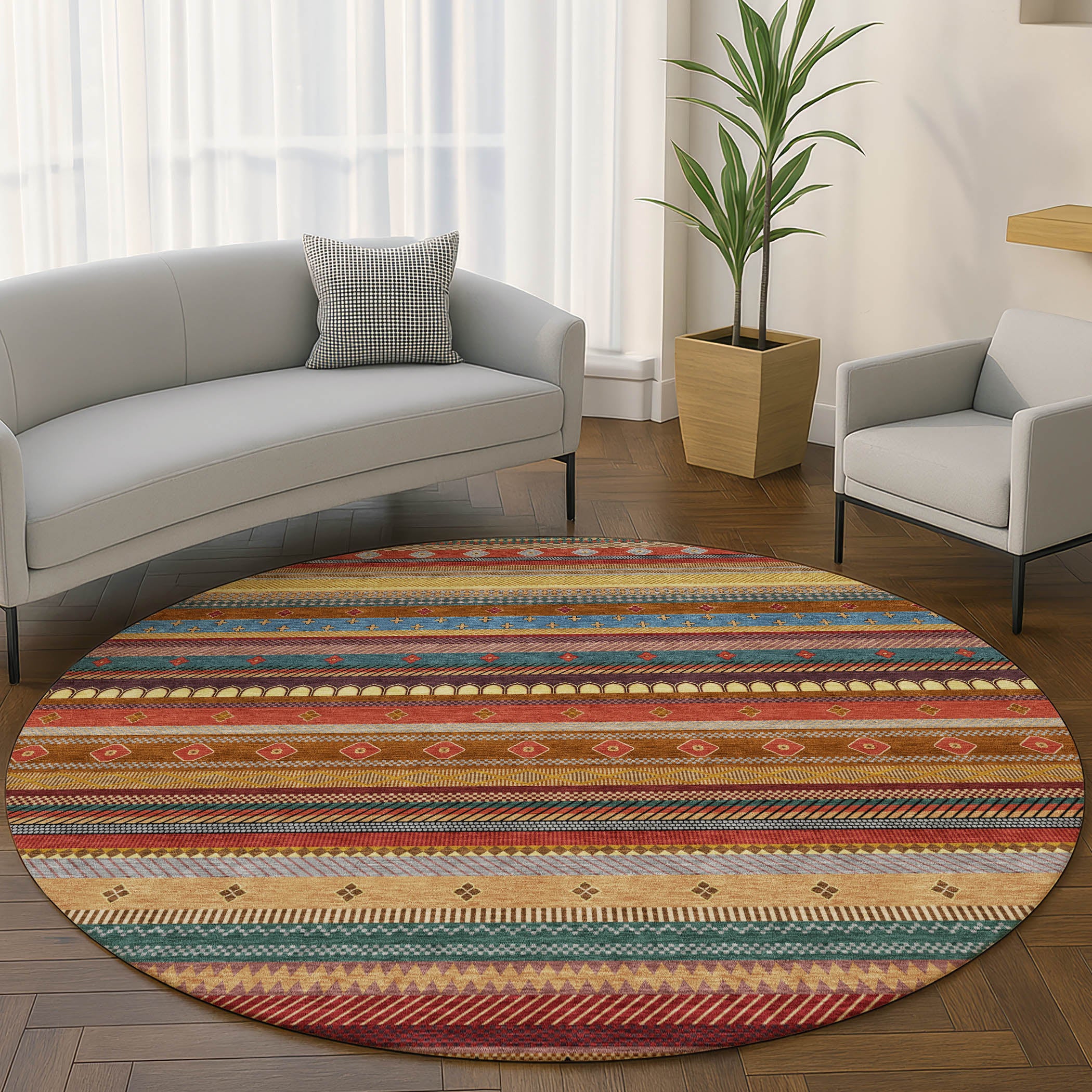 Lisbon Machine Washable Transitional Paprika Orange Rug 8' x 8' #shape_Round